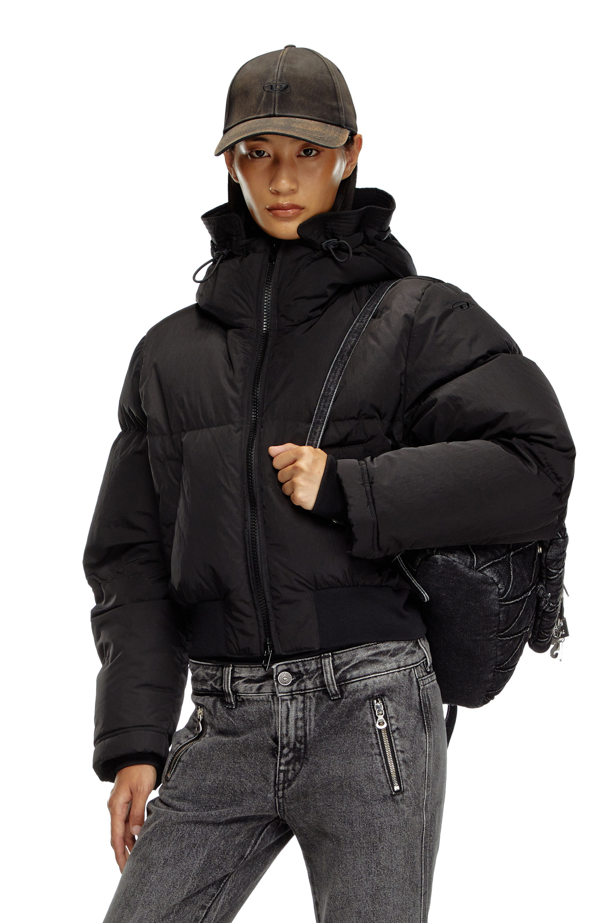 冬ギフト  Women's Diesel | Black | nylon crinkled in jacket down Hooded ジャケット・アウター