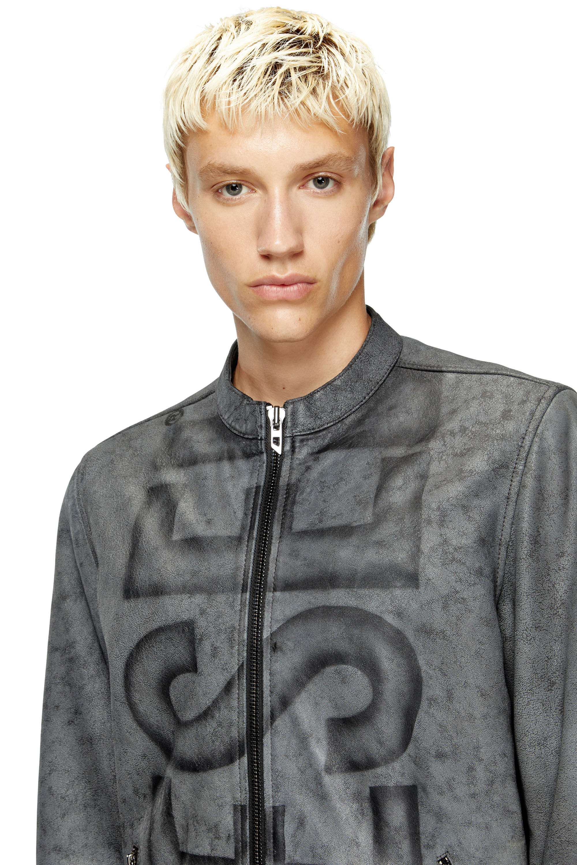 Diesel - L-EVERT-A, Man's Treated leather biker jacket with faded logo in Grey - 5