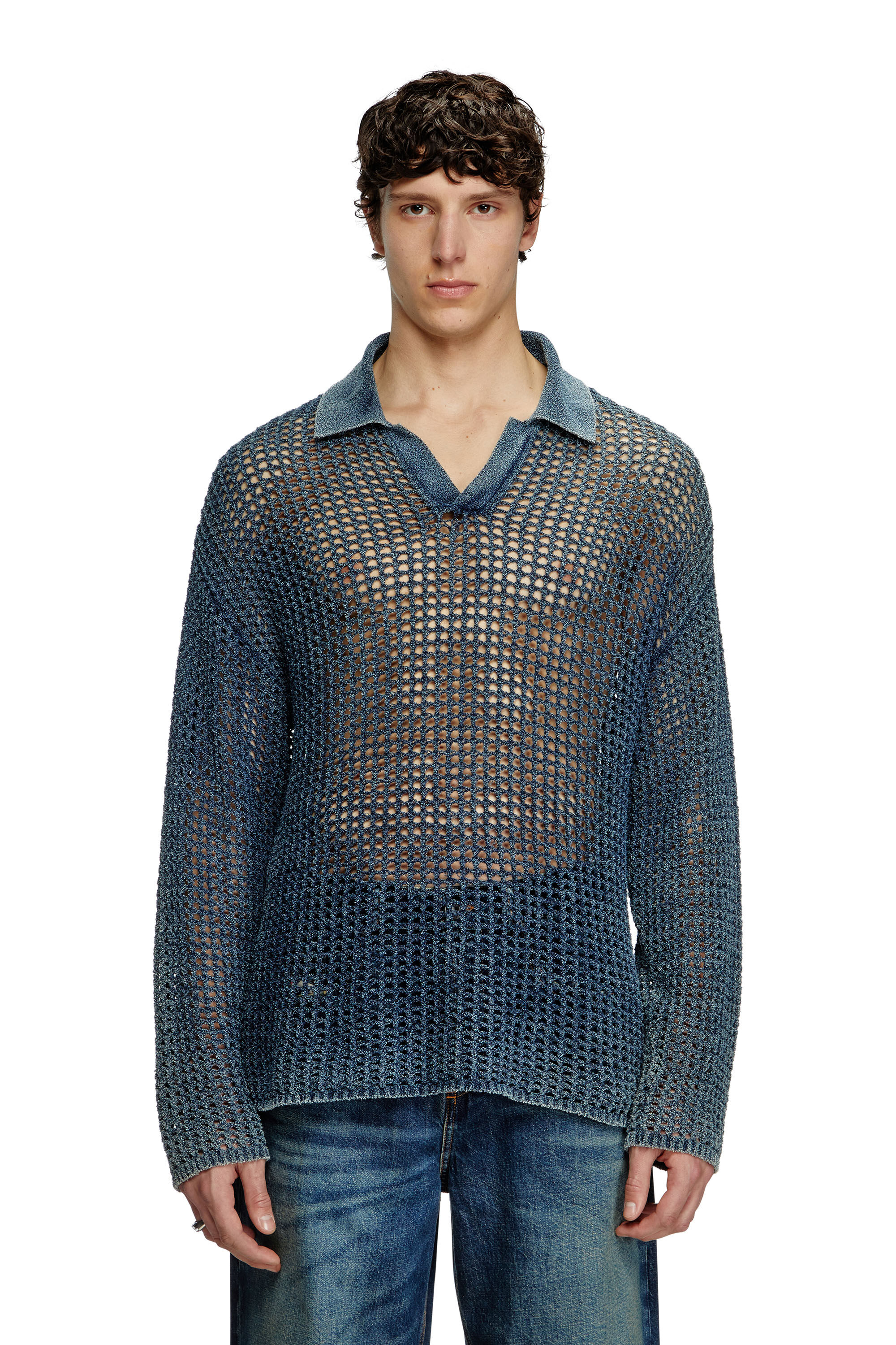 Men's Open-knit polo jumper in denim yarn | Blue | Diesel