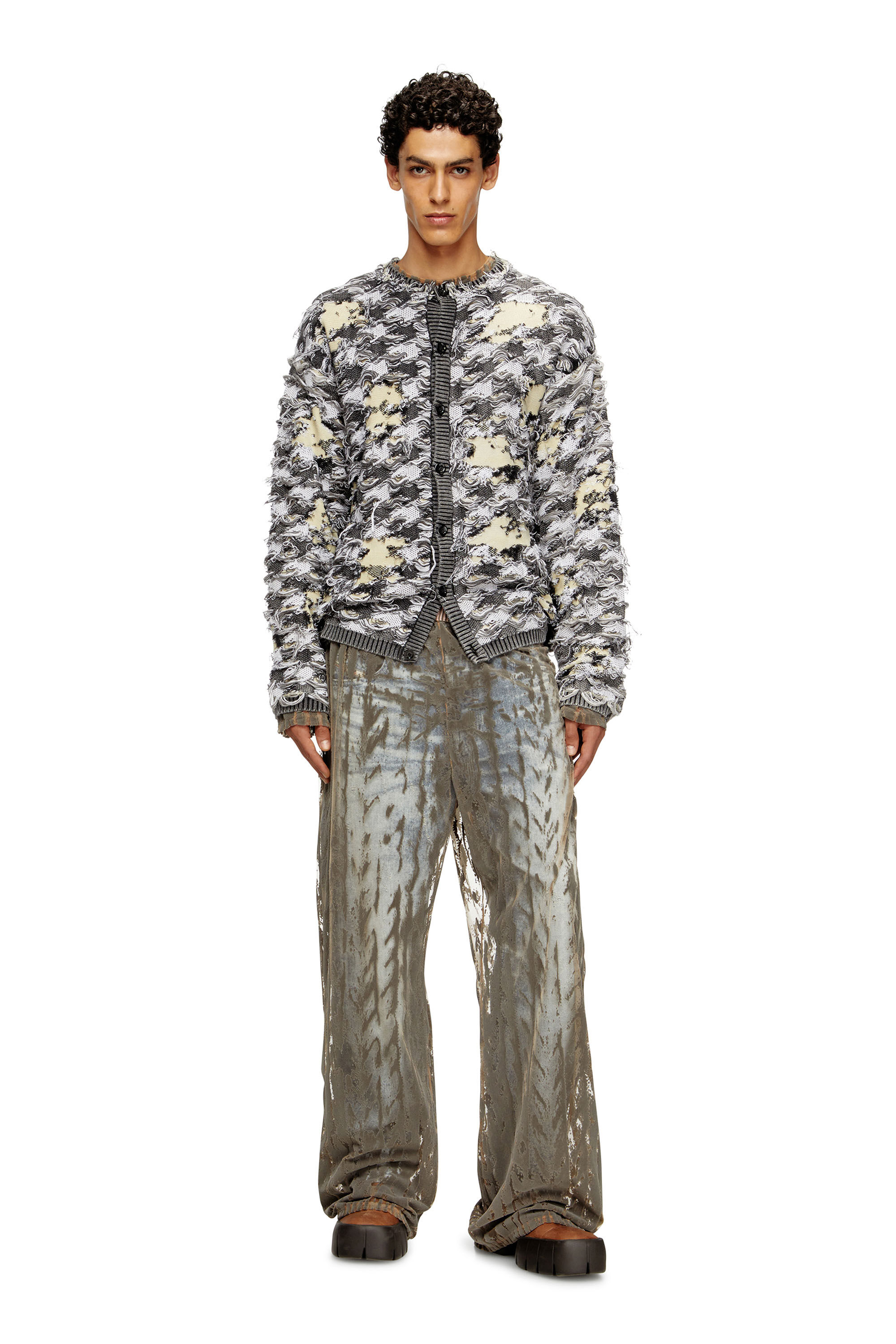 Diesel - K-VALBOR, Man's Cardigan in devoré houndstooth jacquard in Black/White - 1