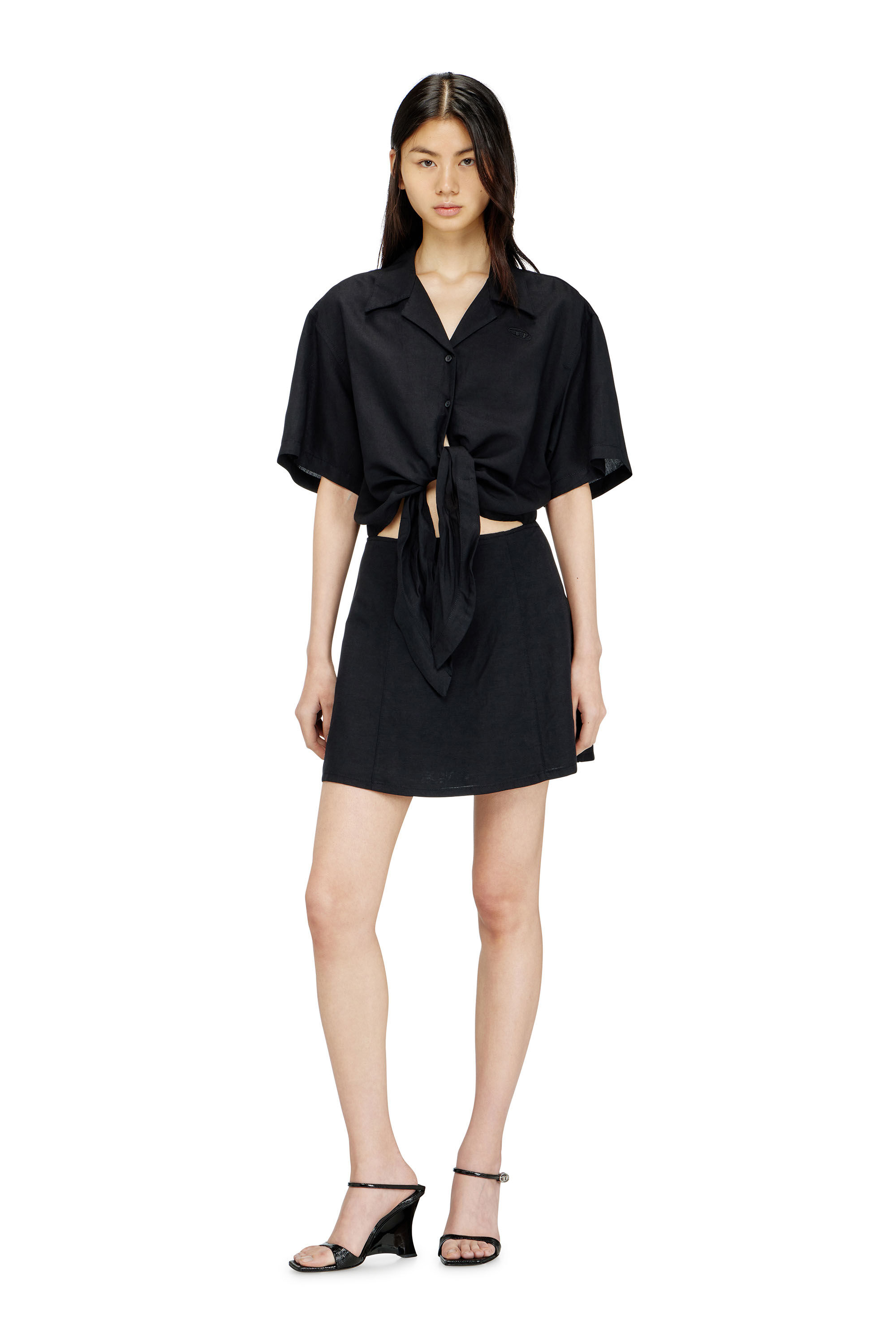 Women's Linen-blend mini dress with waist knot | Black | Diesel
