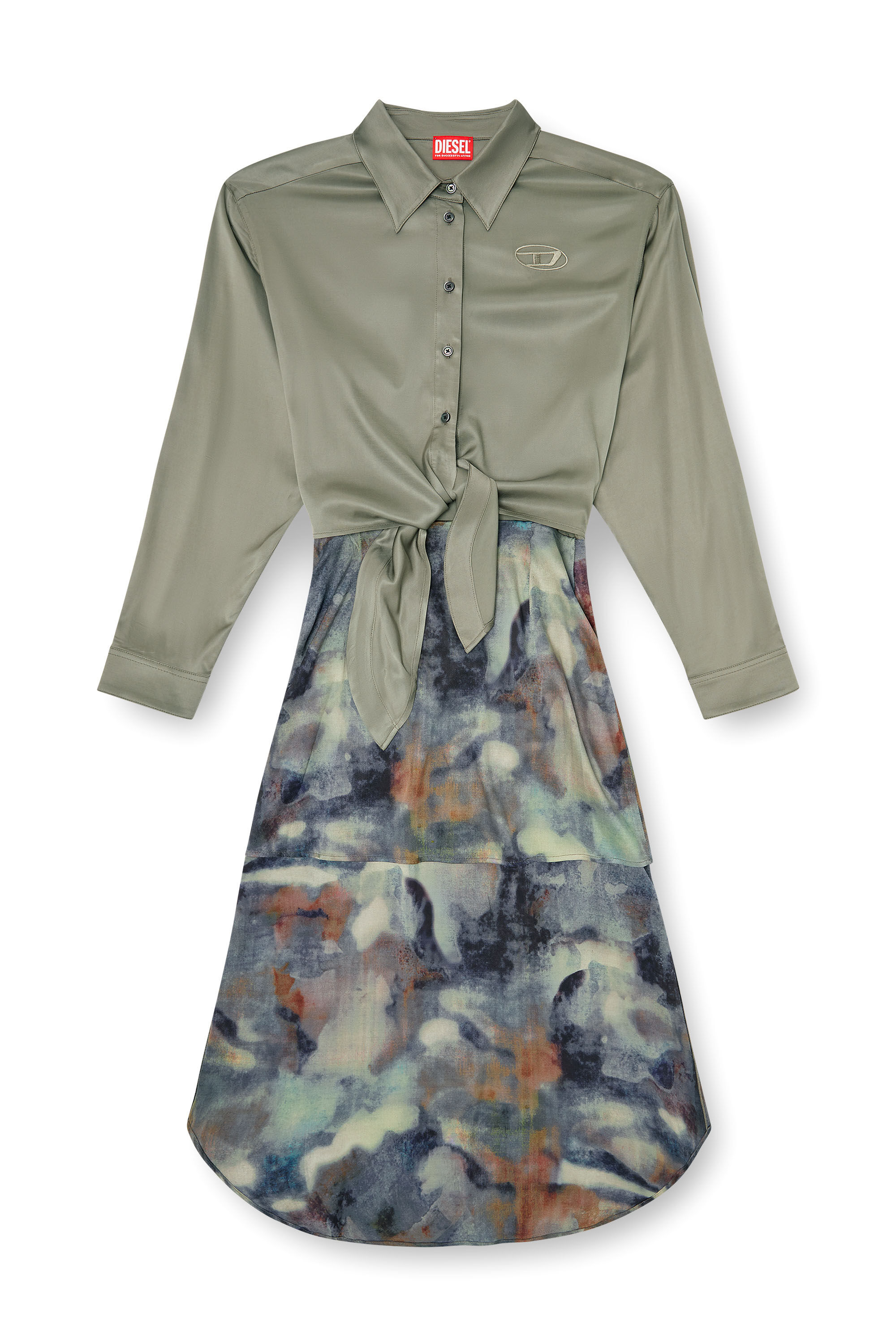 Diesel - D-ELTA, Woman's Satin midi dress with knotted top in Blue/Green - 2