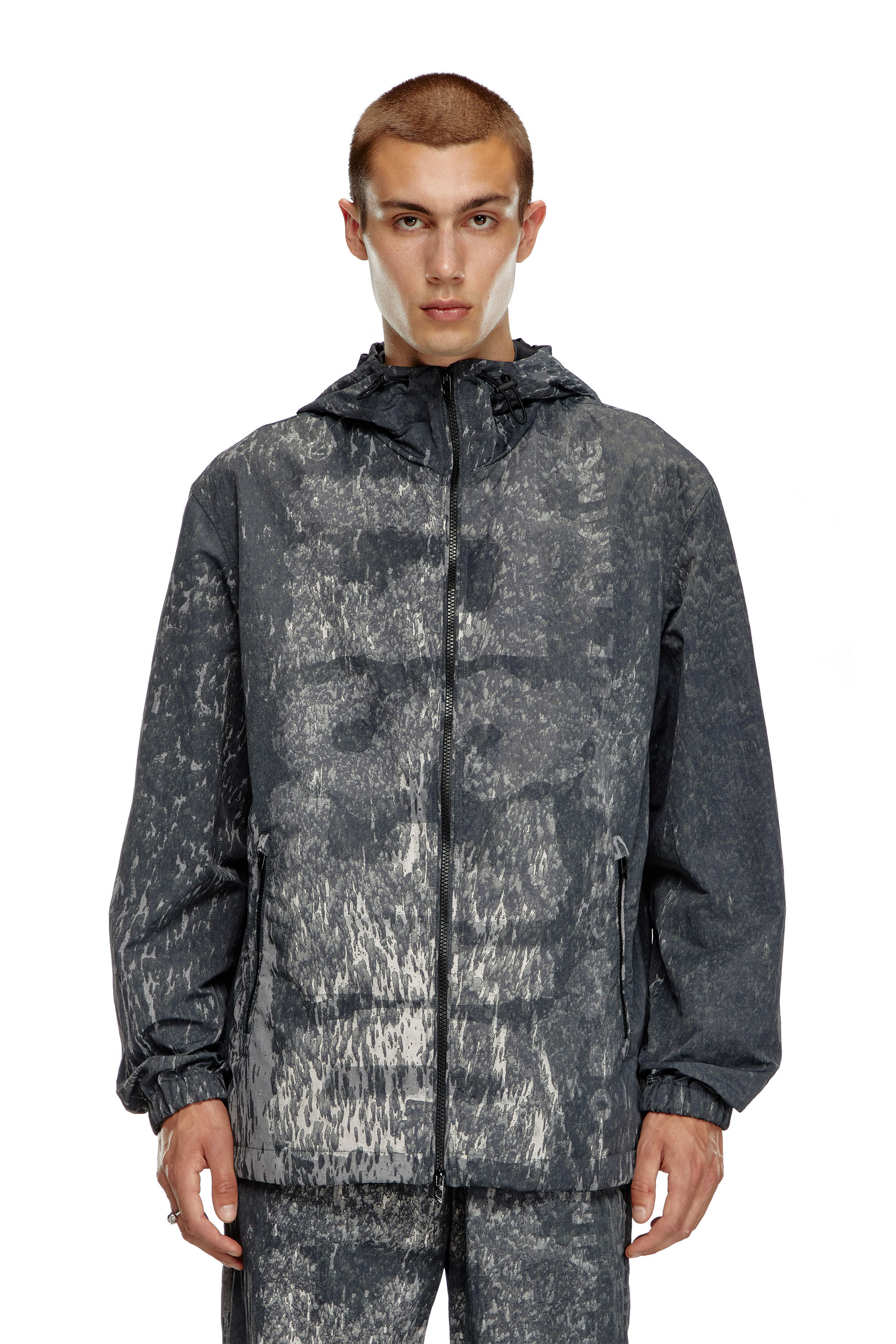 Men's Hooded windbreaker with Rain Camo print | Black | Diesel