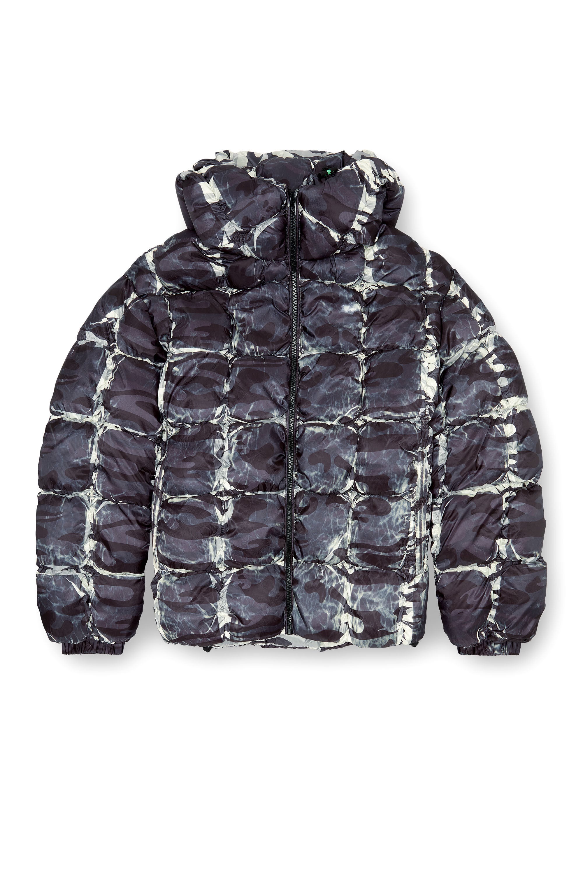 DIESEL ディーゼル 24AW W-CLAUS-CAMU Hooded puffer jacket with camo print パファーダウンジャケット A145290SKAG カモ Men's Hooded puffer jacket with camo print | Grey | Diesel TR