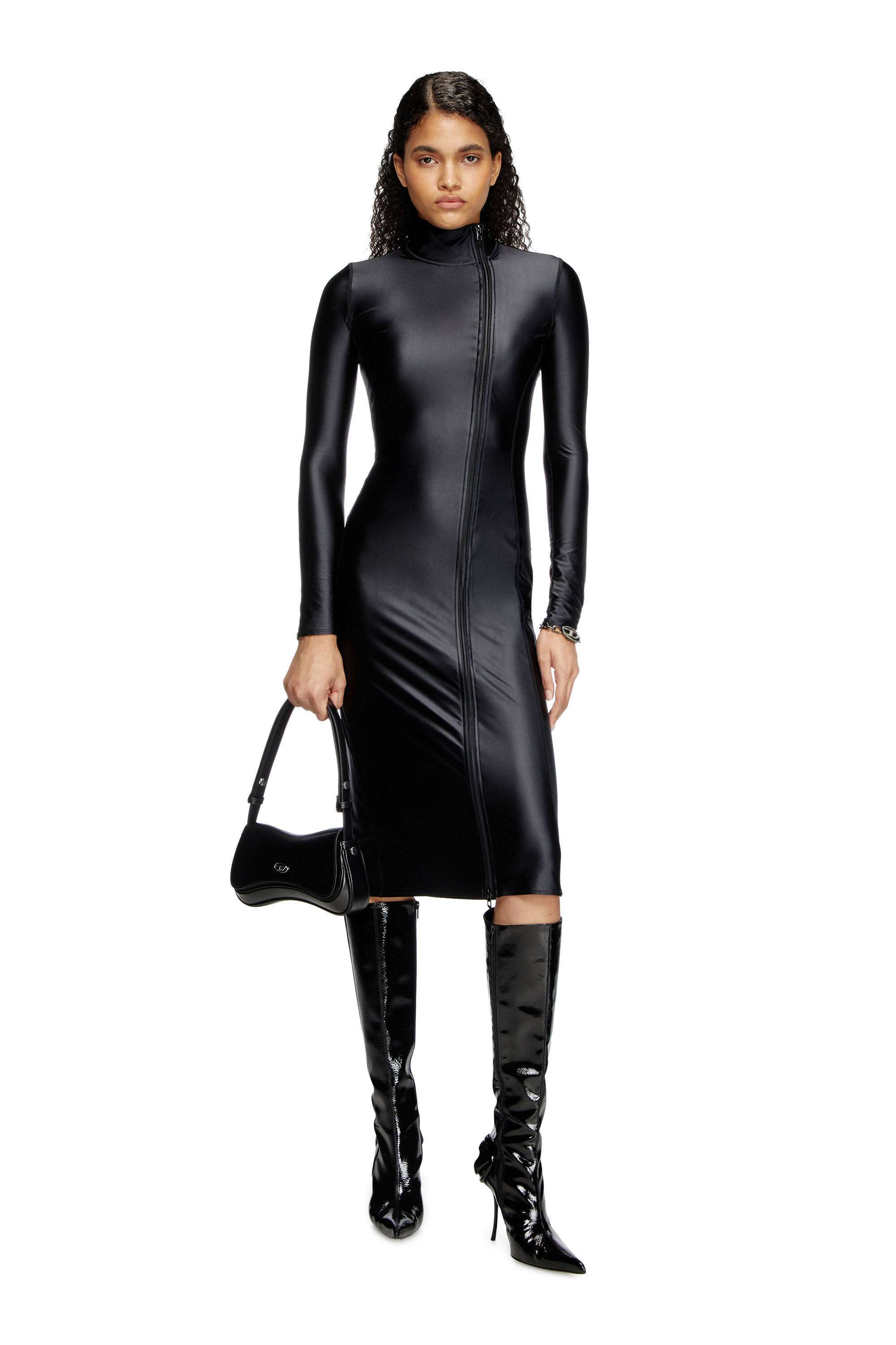 Women's Mock collar long-sleeve midi dress with chintz finish | Black |  Diesel