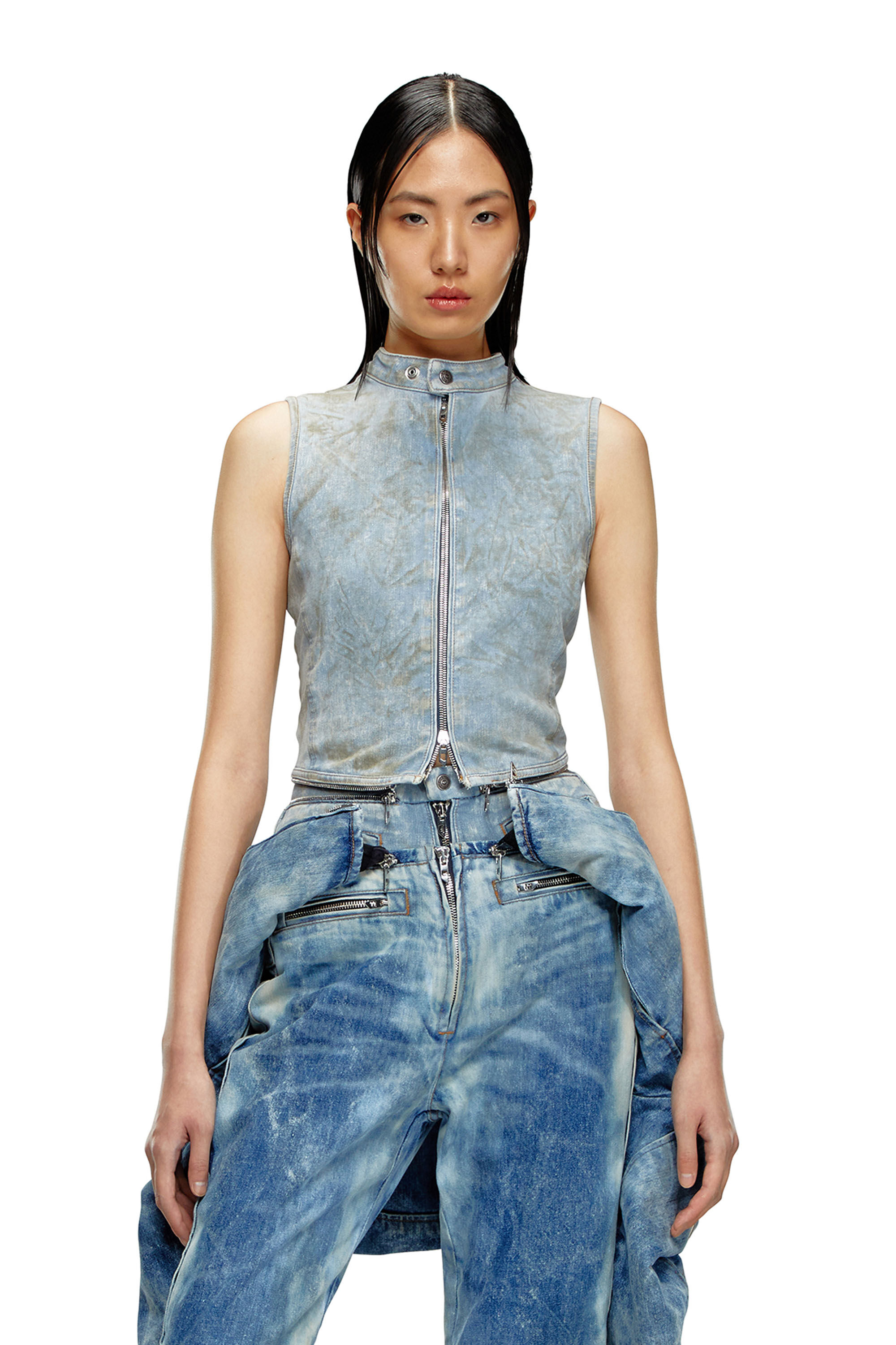 Women's Second-skin denim top with biker details | Blue | Diesel