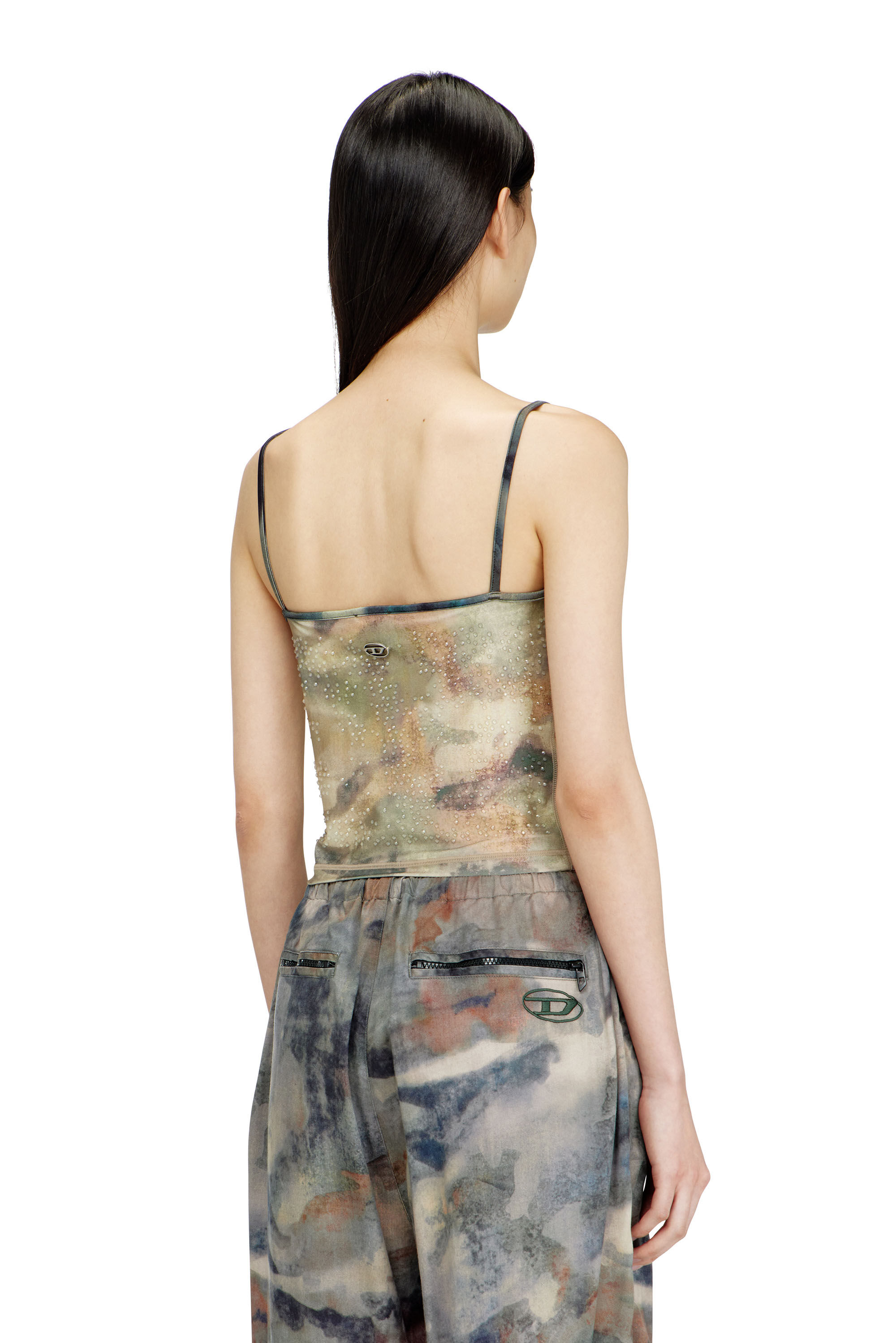 Diesel - T-IPLU, Woman's Nylon skinny top with all-over camou and crystal details in Green - 4