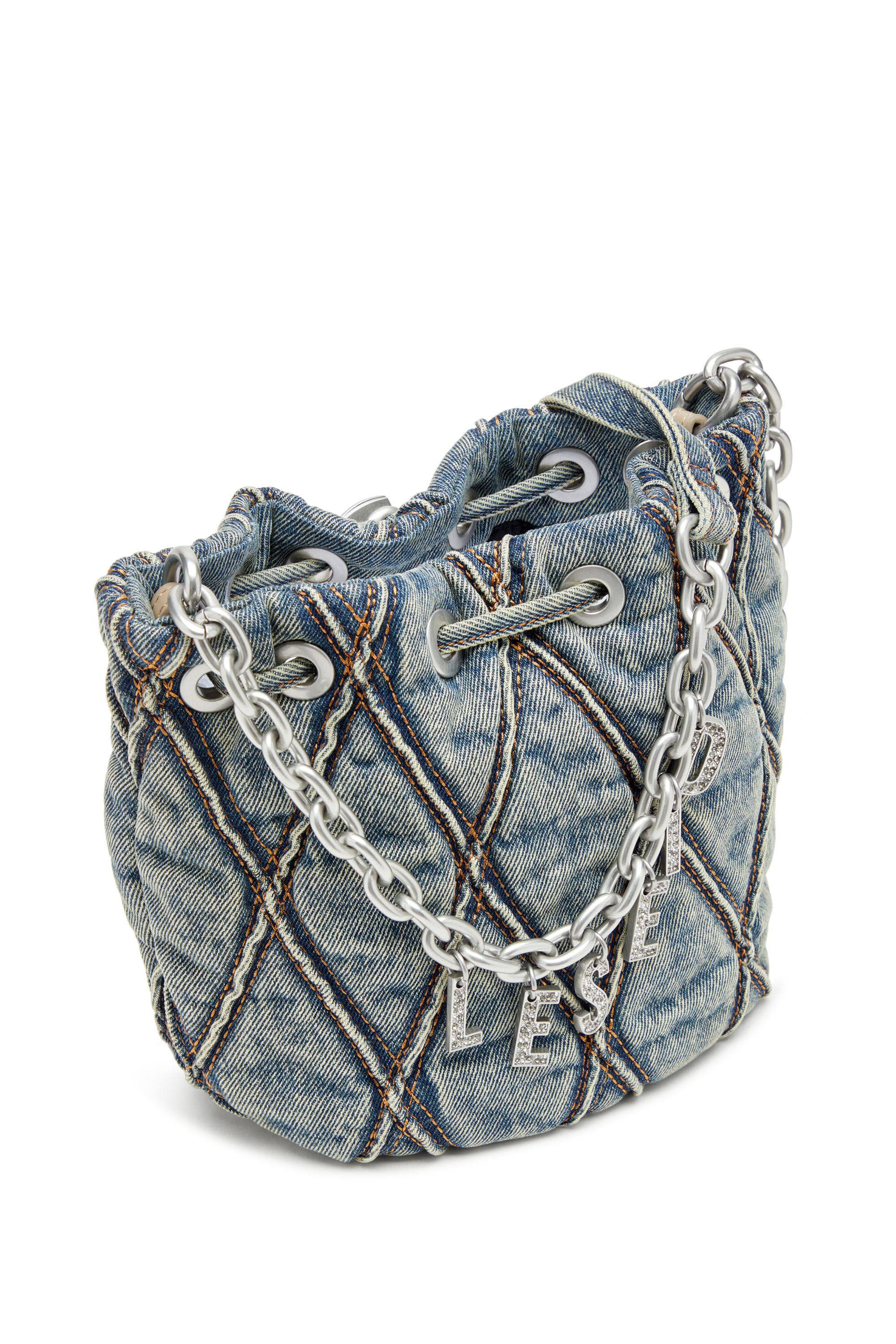 Diesel - CHARM-D BUCKET S, Woman's Charm-D S-Mini bucket bag in argyle quilted denim in Blue - 2