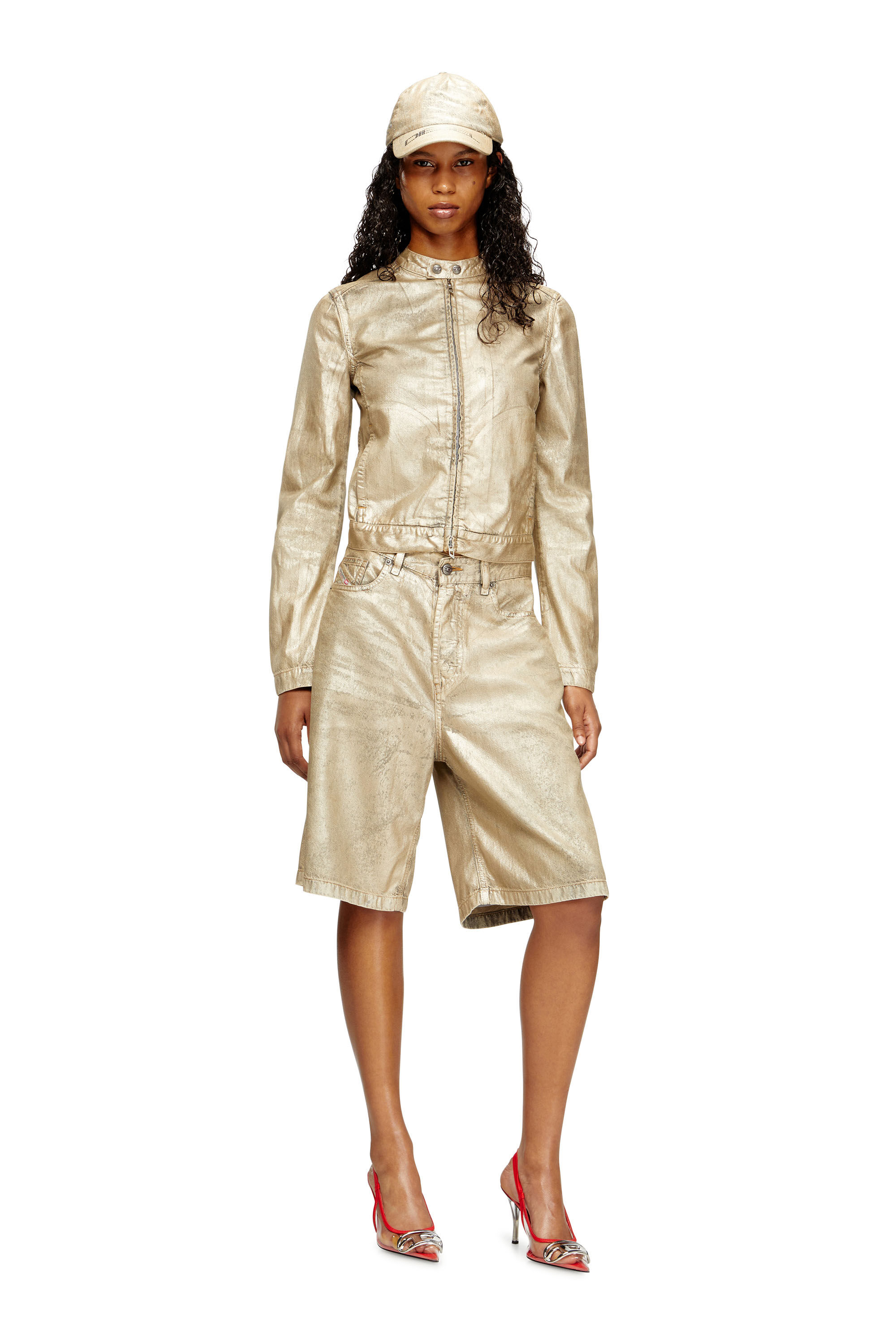 Women's Moto jacket in distressed metallic denim | Gold | Diesel