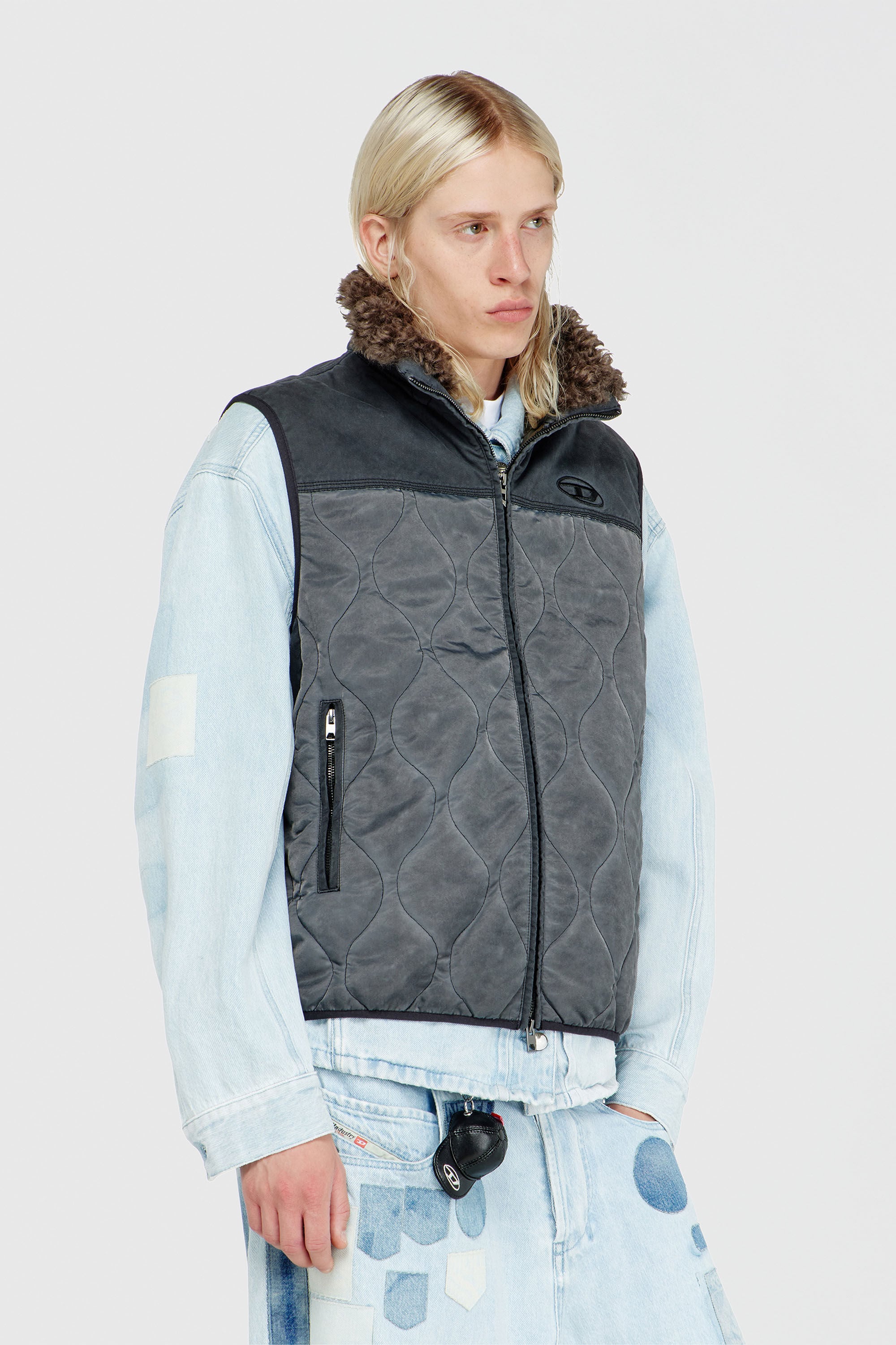 Men's Quilted vest with fluffy neck lining | Grey | Diesel TR
