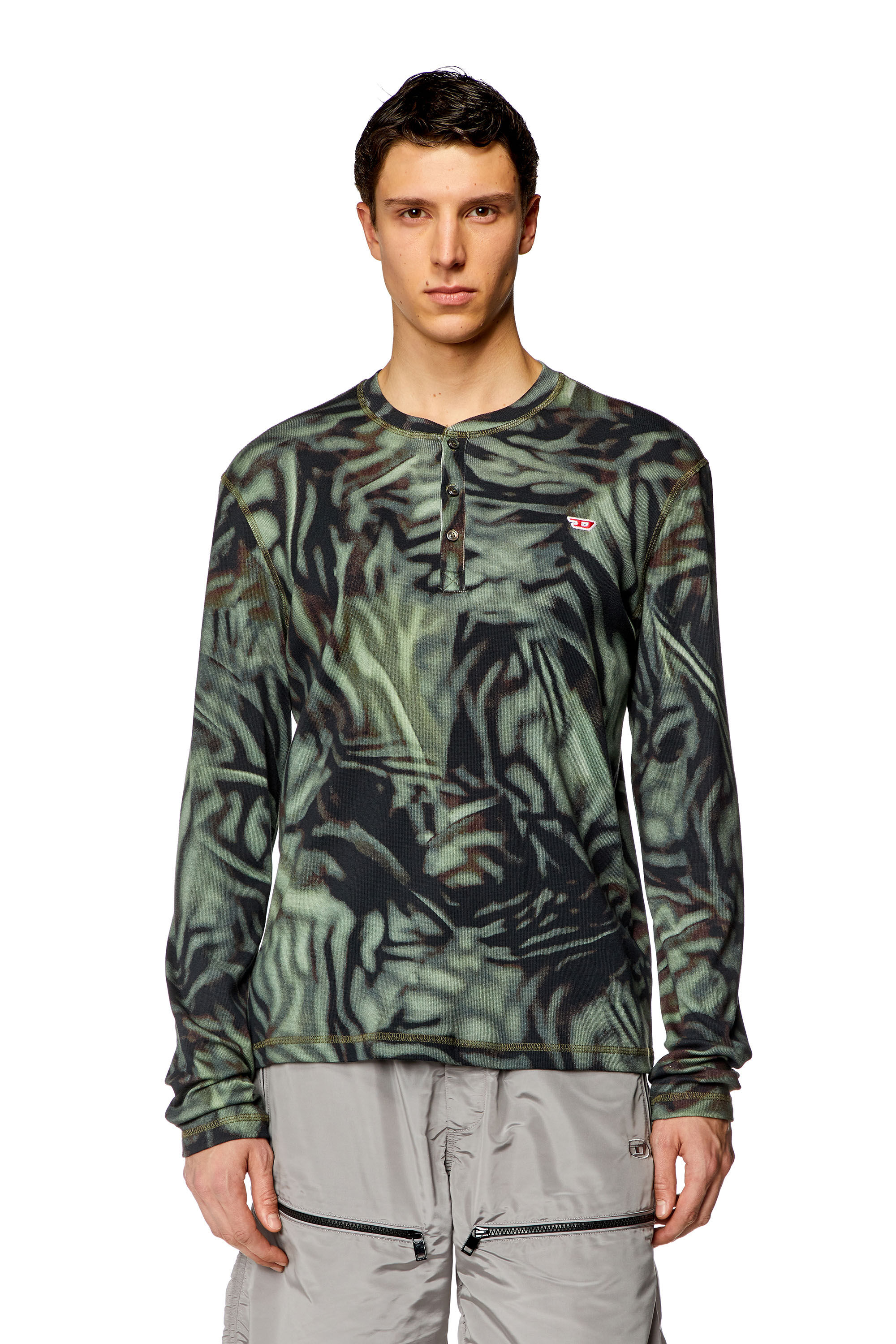 Diesel - T-SER, Man's Ribbed top with zebra-utilitarian print in Military Green - 3