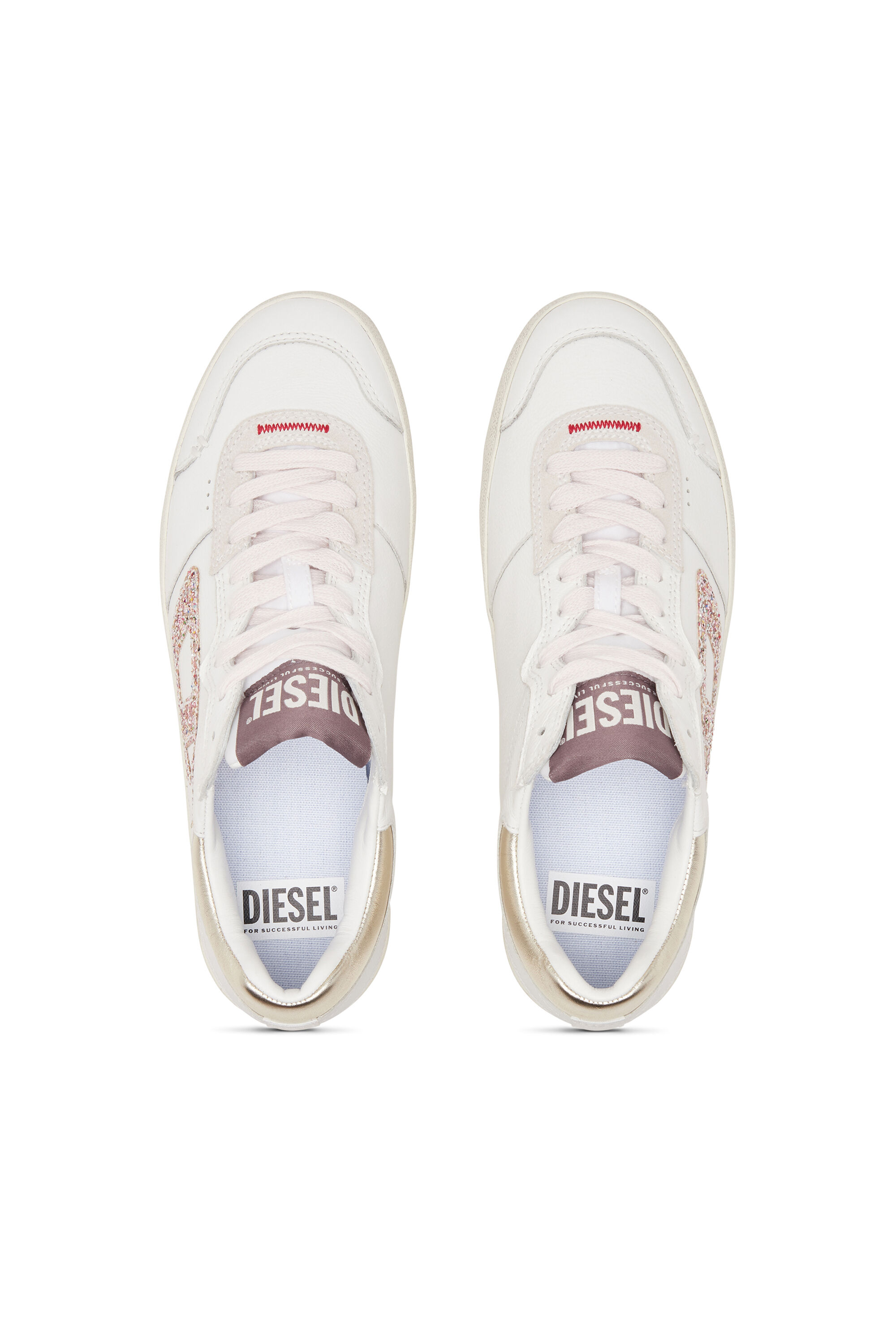 Diesel - S-LEROJI LOW W, Woman's S-Leroji-Leather sneakers with glitter logo in White/Pink - 4