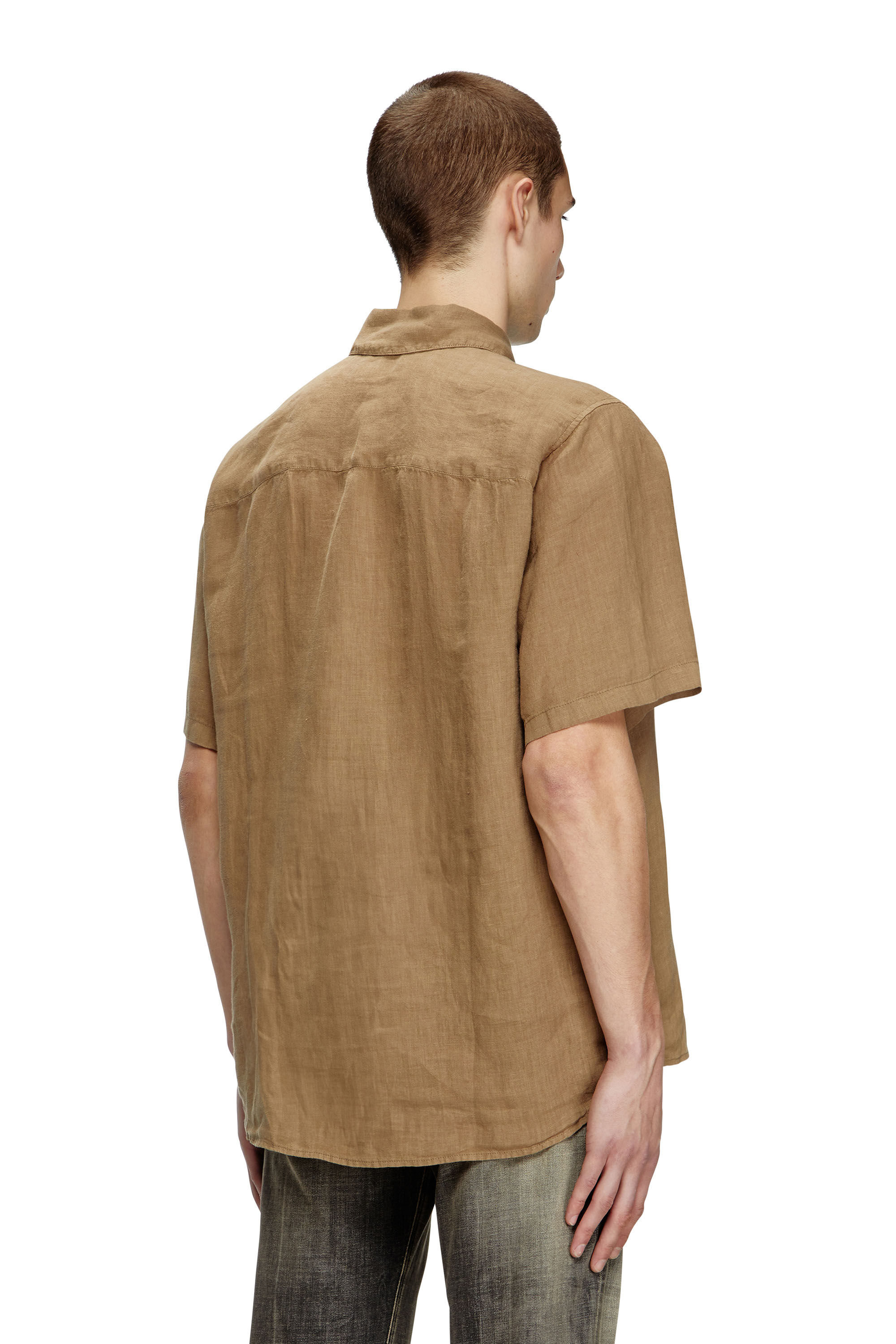 Diesel - S-UCCLE-A, Man's Short-sleeve linen shirt with logo collar in Brown - 4