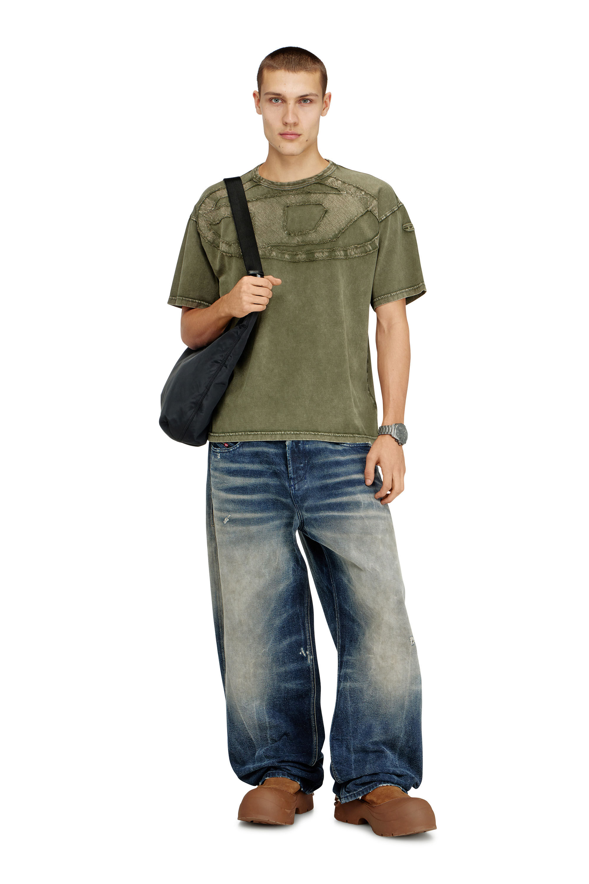 Men's Relaxed cotton T-shirt with Oval D applique | Green | Diesel