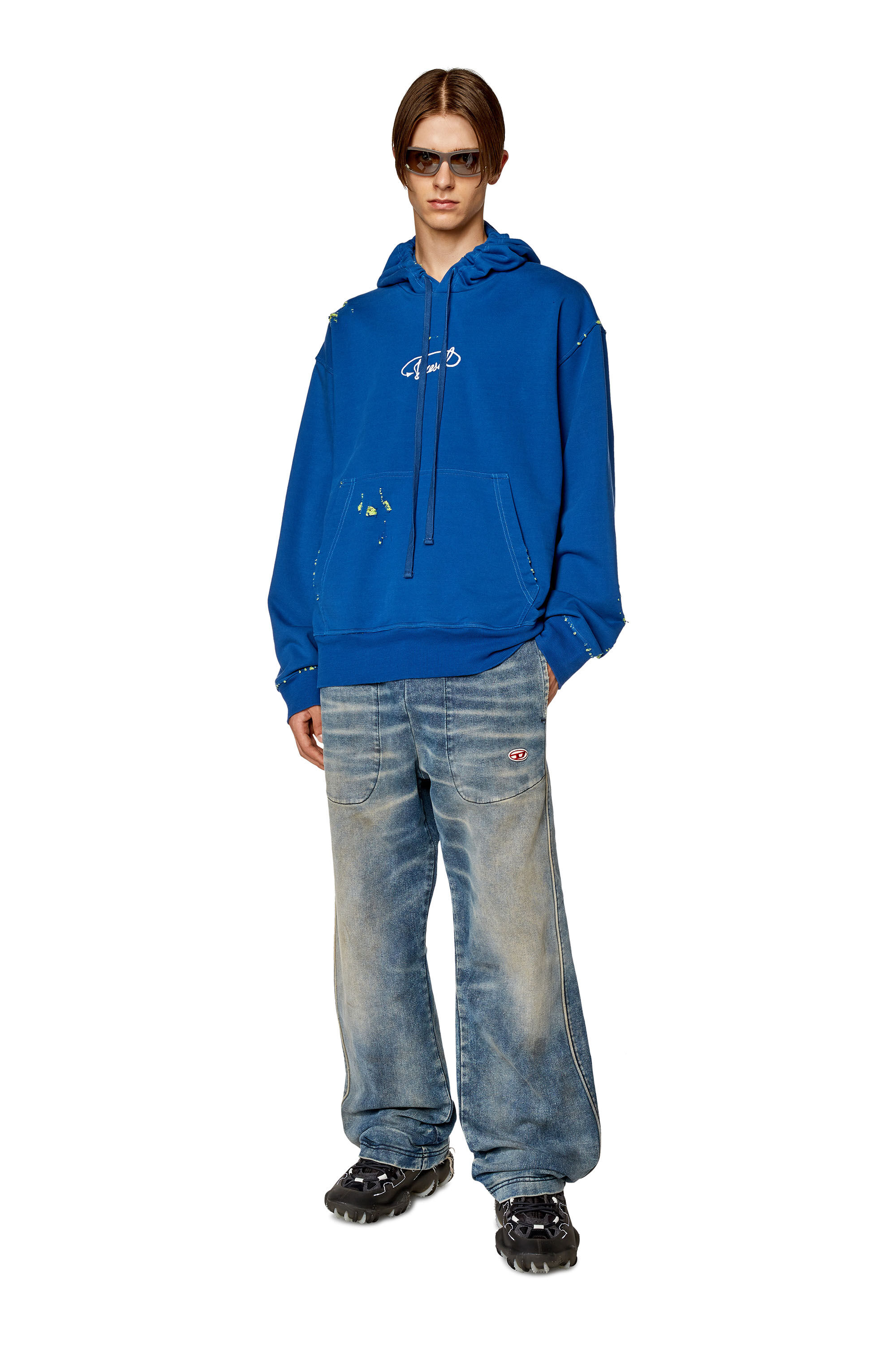 Men's Oversized distressed hoodie with logo | Blue | Diesel