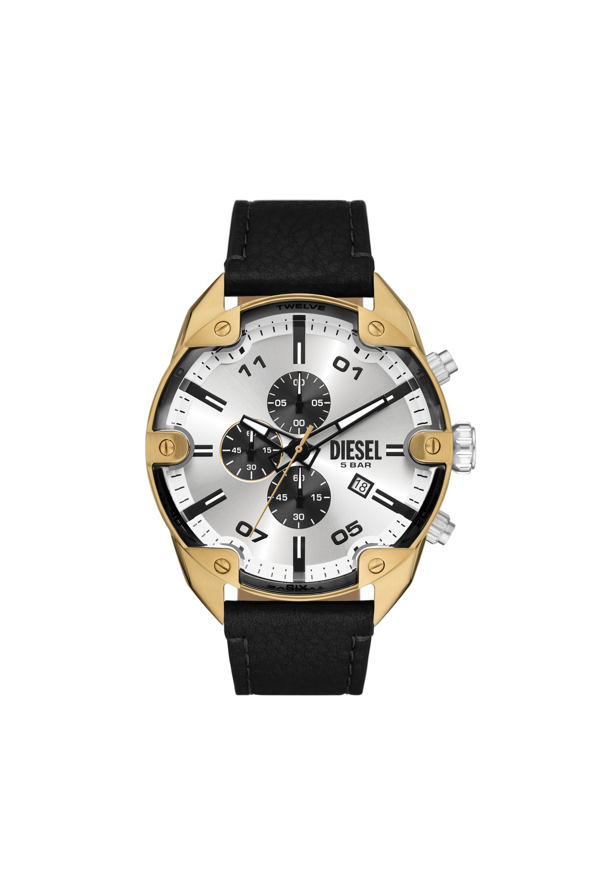 Men's Spiked Chronograph Black Leather Watch | Black | Diesel