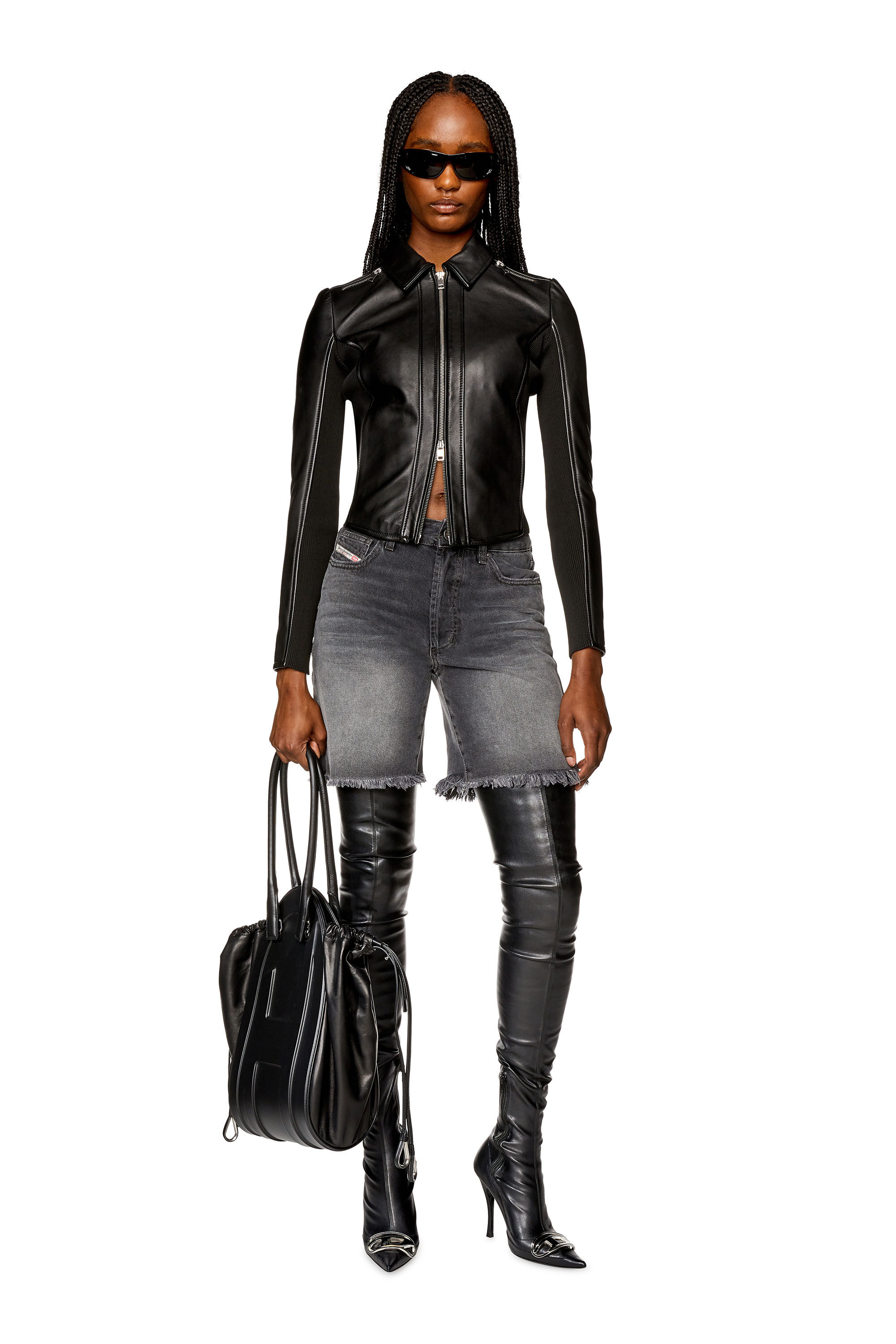 Women's Leather biker jacket with rib panels | Black | Diesel