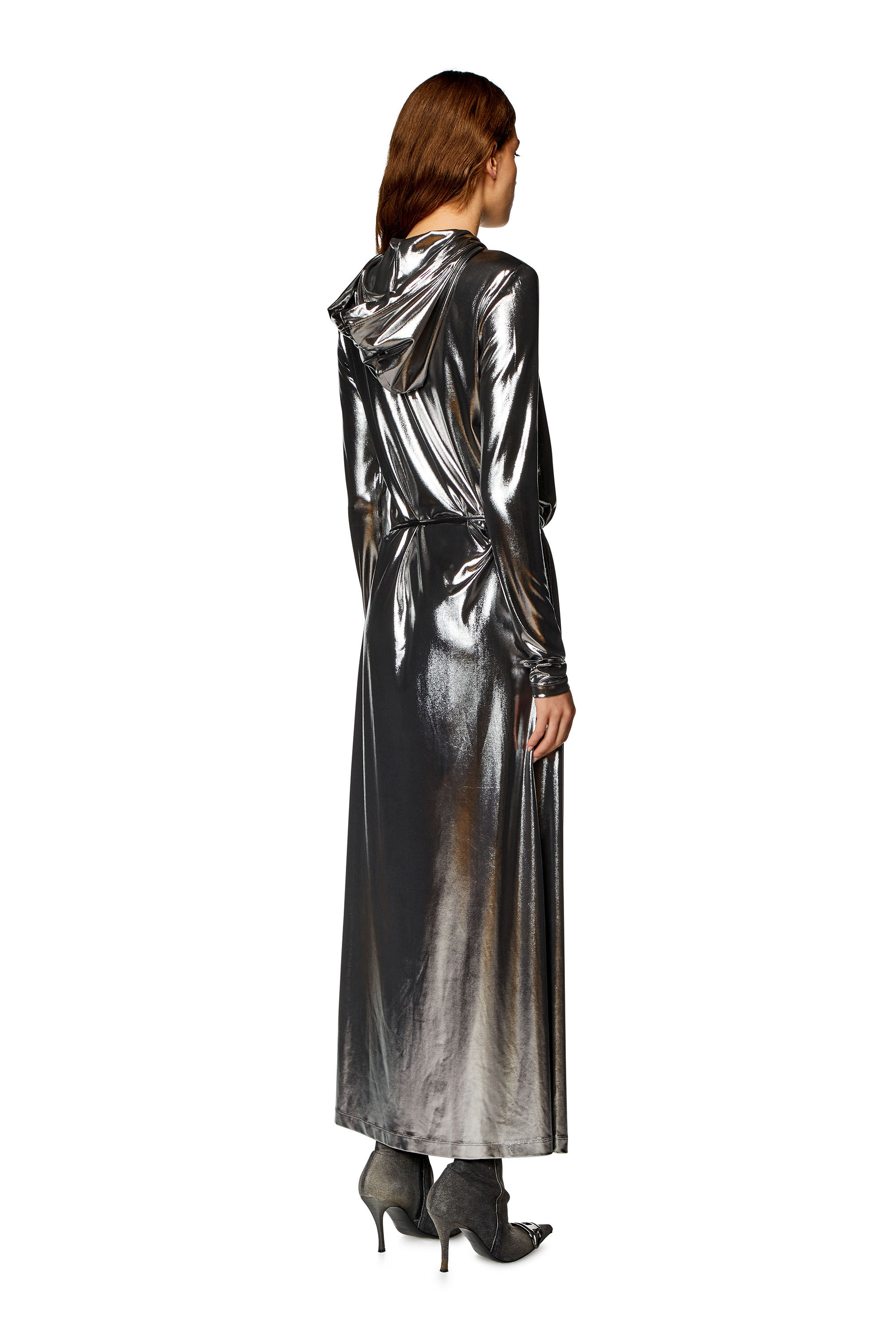 Women's Hooded maxi dress in metallic jersey | Silver | Diesel