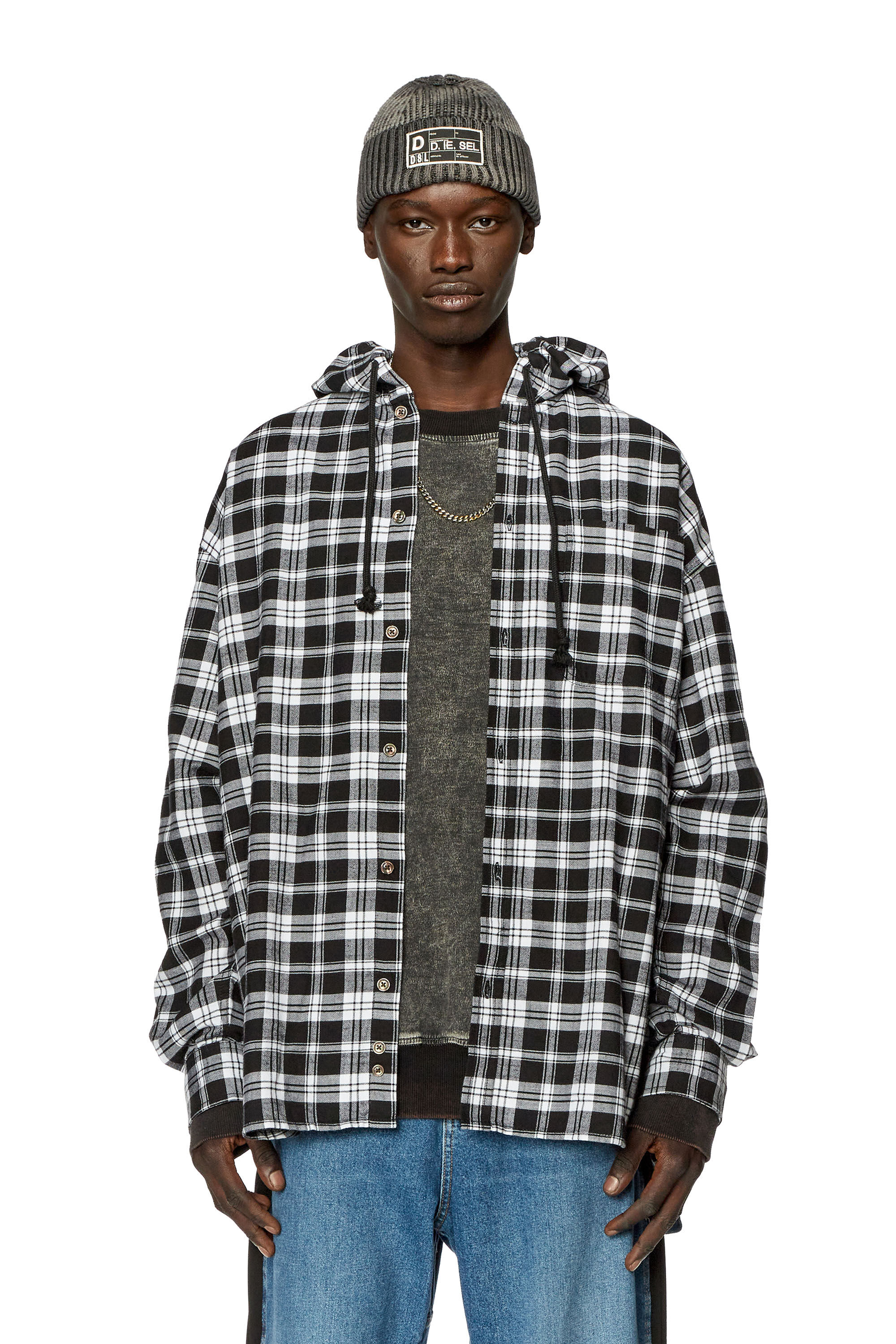 Men's Oversized hooded shirt in tactile flannel | Multicolor | Diesel