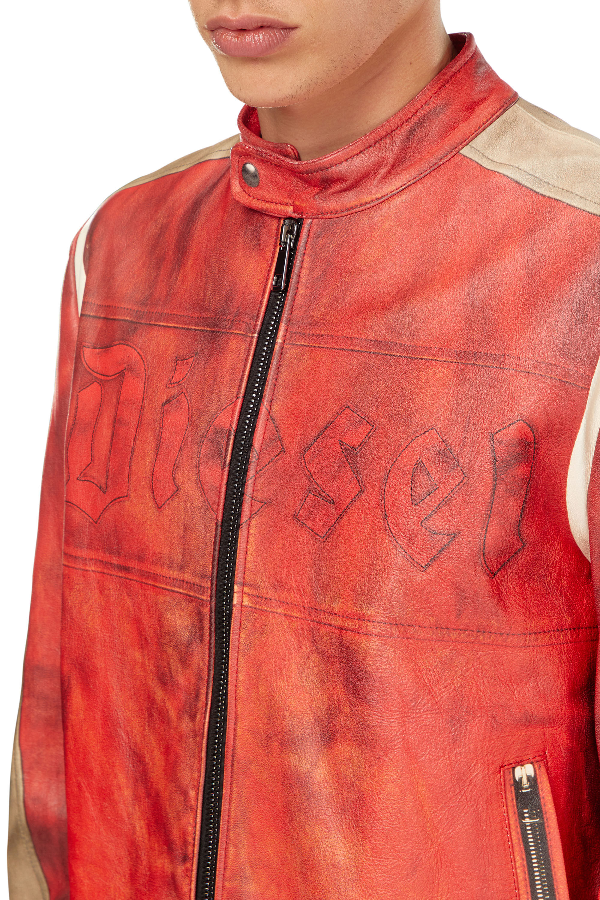 【まとめ買い】 Men's Dirty-effect leather biker jacket | Red | Diesel ジャケット・アウター