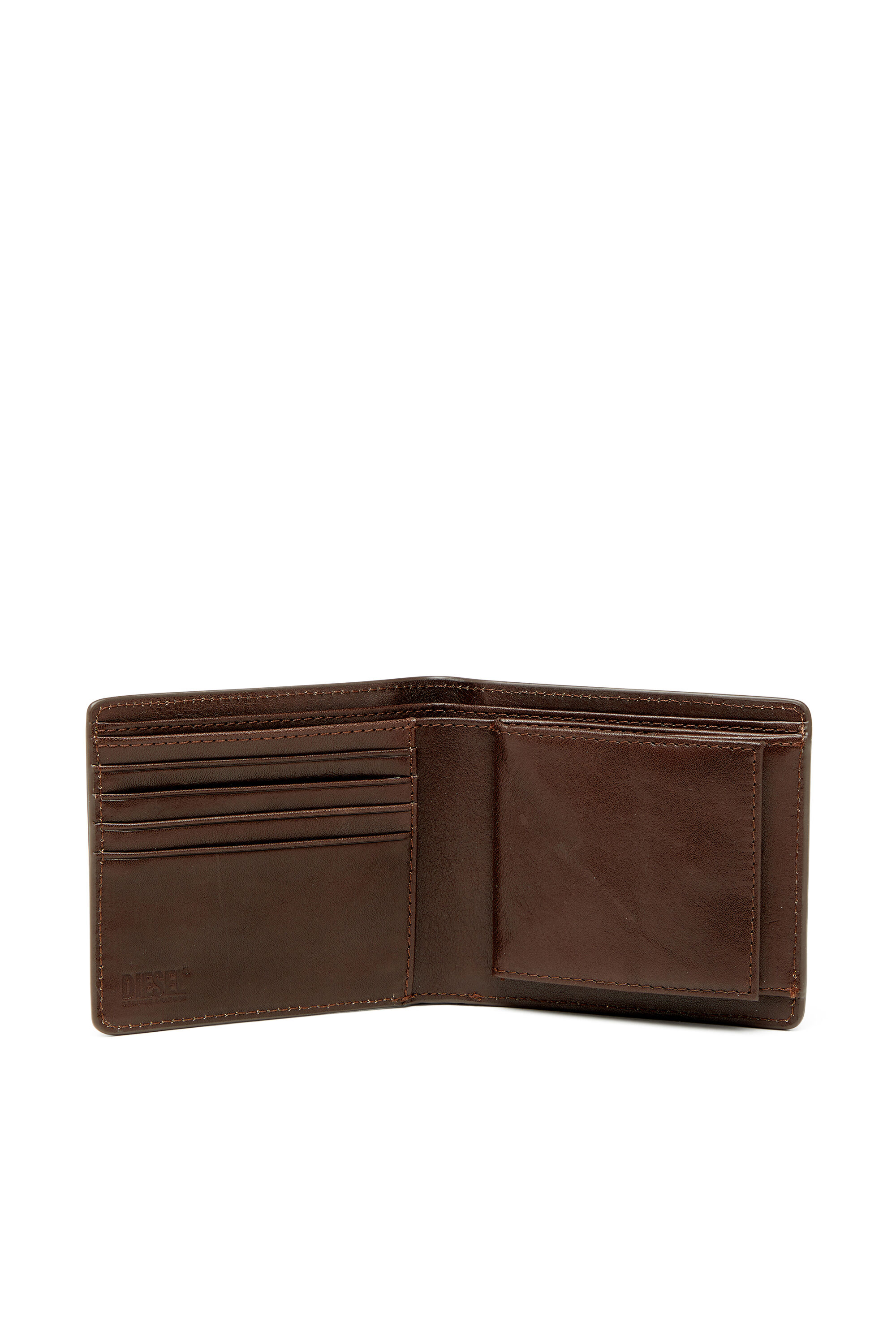 Diesel - FLAG-D BI-FOLD COIN S 3D, Man's Bi-fold leather wallet with embossed logo in Brown - 3