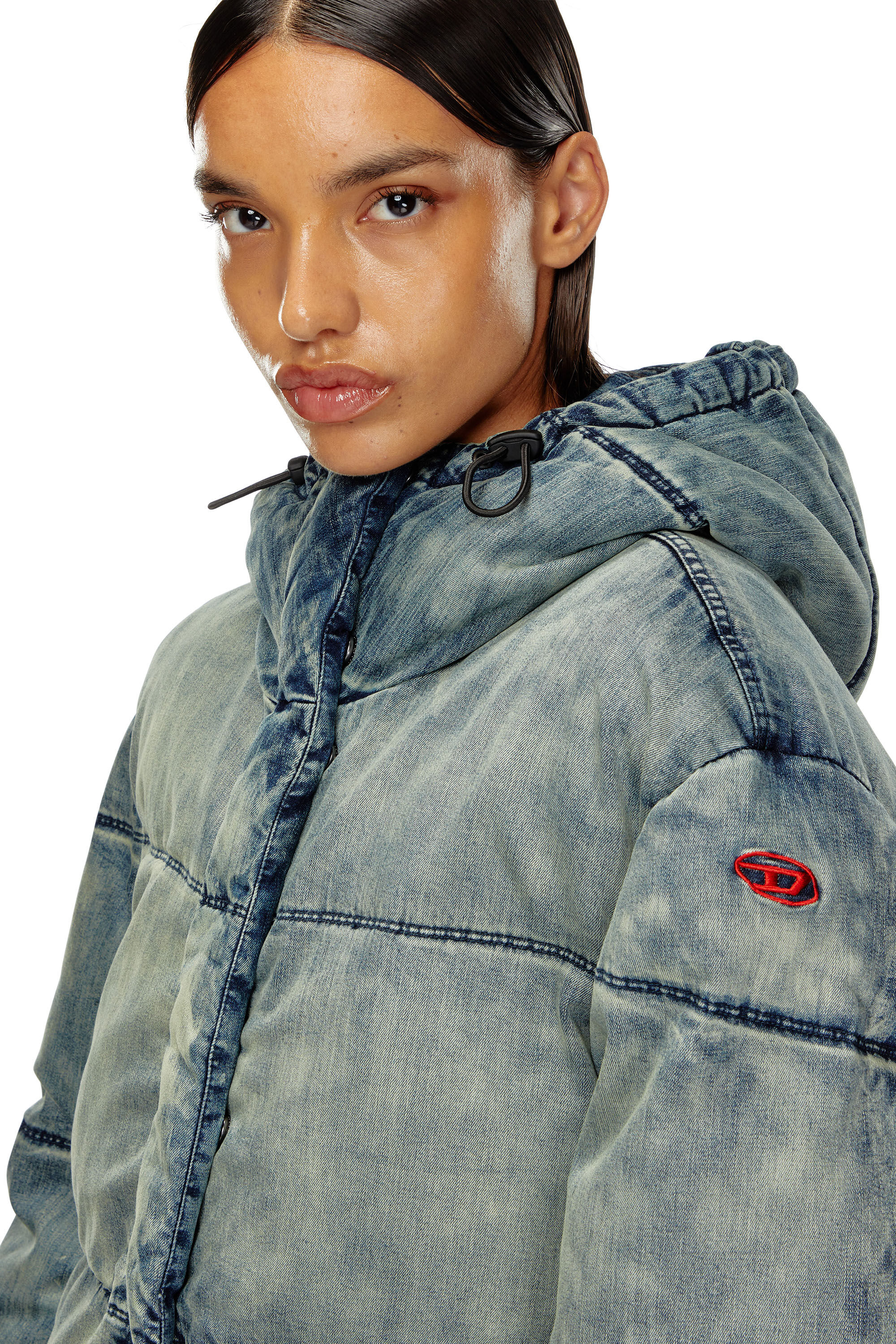 Women s Hooded puffer coat in stretch denim Blue Diesel