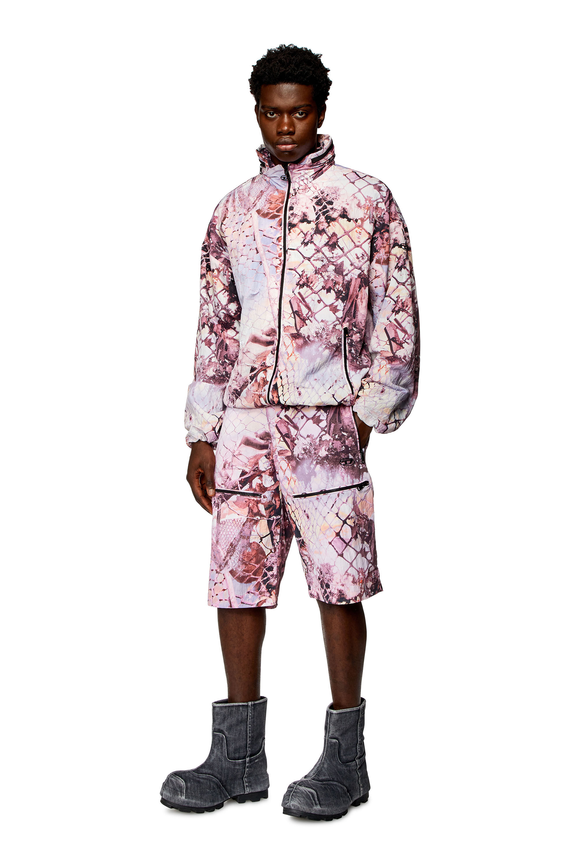 Men s Nylon cargo shorts with abstract print Pink Diesel