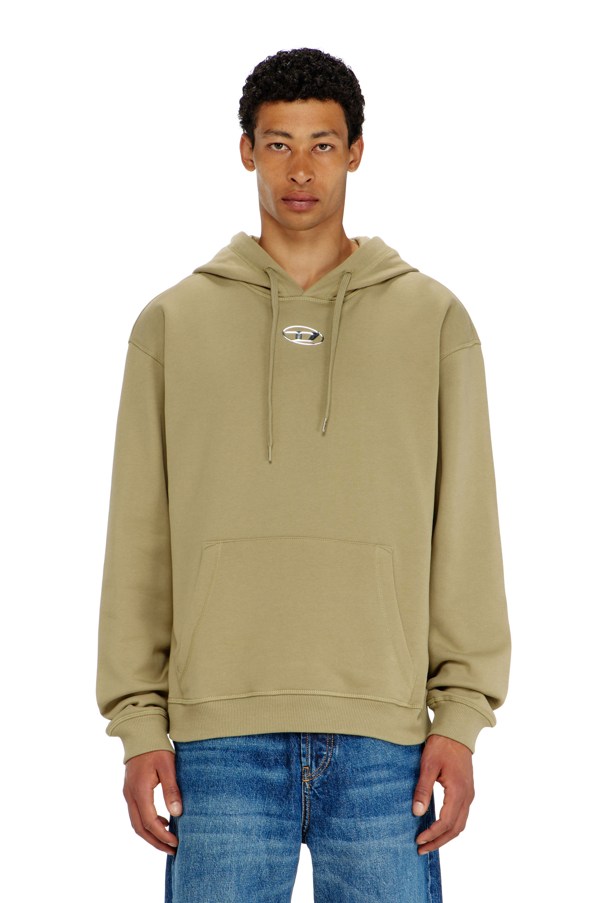 Diesel - S-NORM-HOOD-IOD, Man's Cotton hoodie with metallic Oval D in Olive Green - 3
