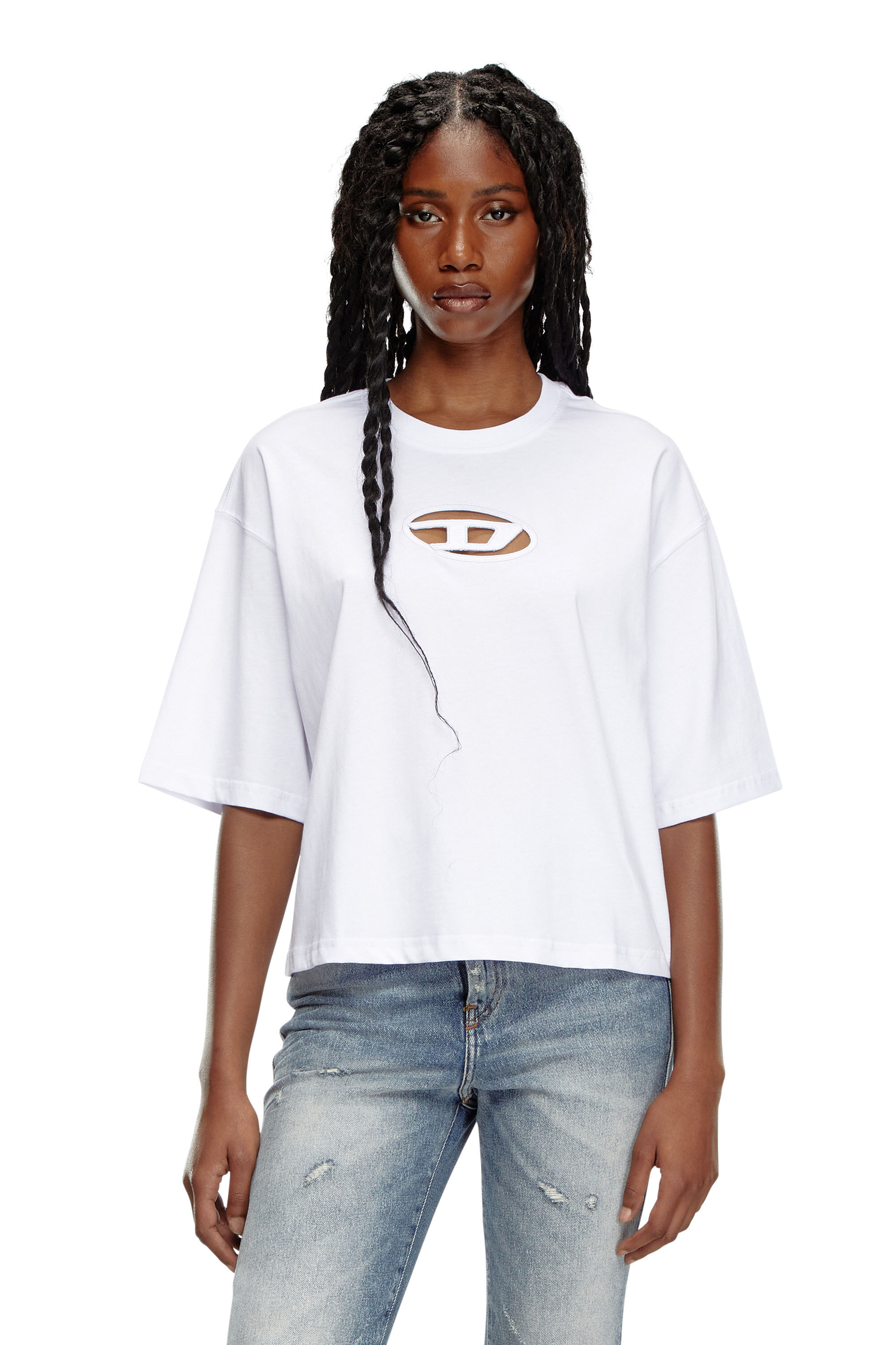 Diesel - T-BUXT-CROP-OD, Woman's Boxy T-shirt with cut-out Oval D logo in White - 3