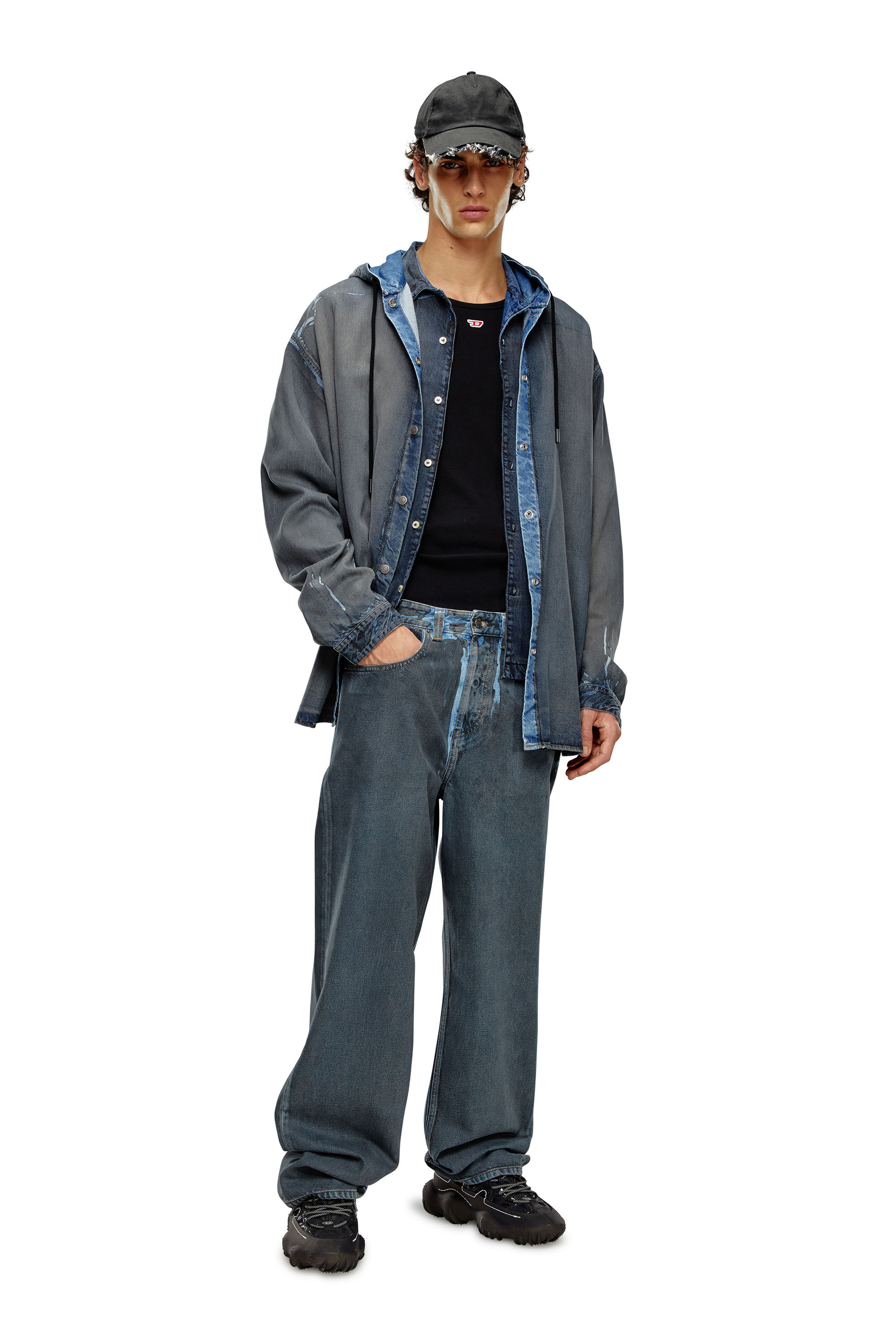 Diesel - D-DEWNY-HOOD-S1, Man's Hybrid shirt in worn-effect coated denim in Dark Blue - 1