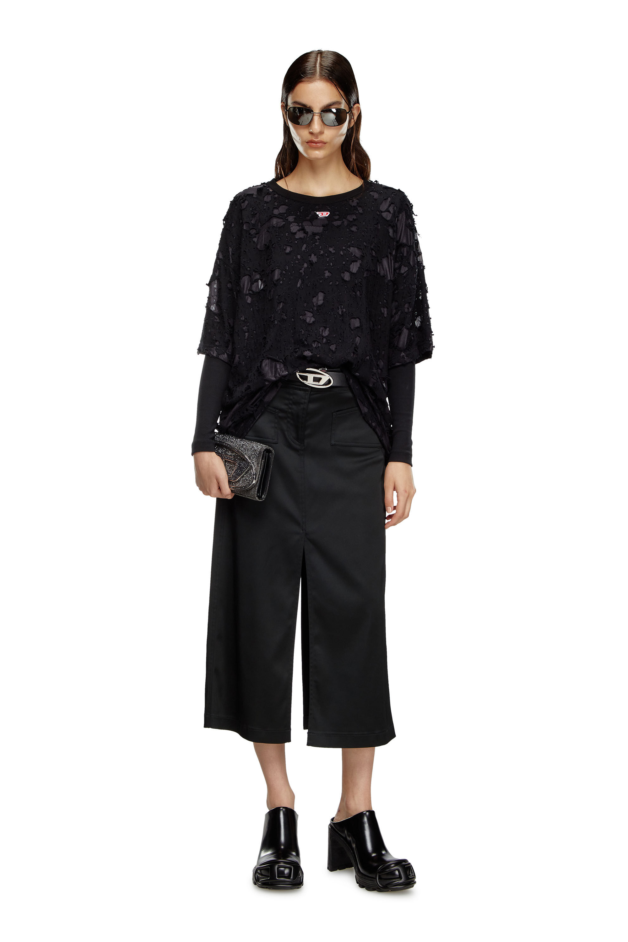 Women s Midi skirt in stretch satin Black Diesel