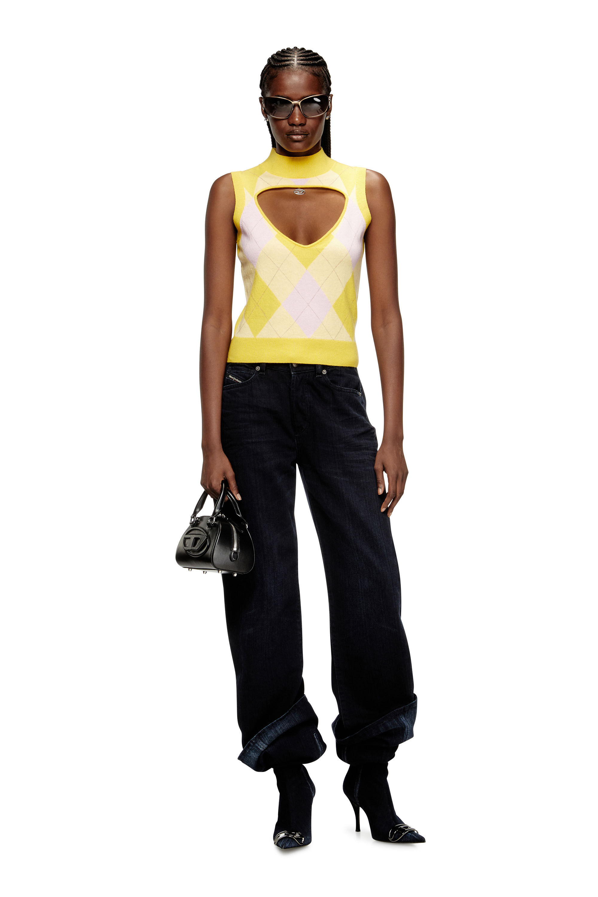 Women's Cut-out turtleneck vest in argyle wool | Yellow | Diesel