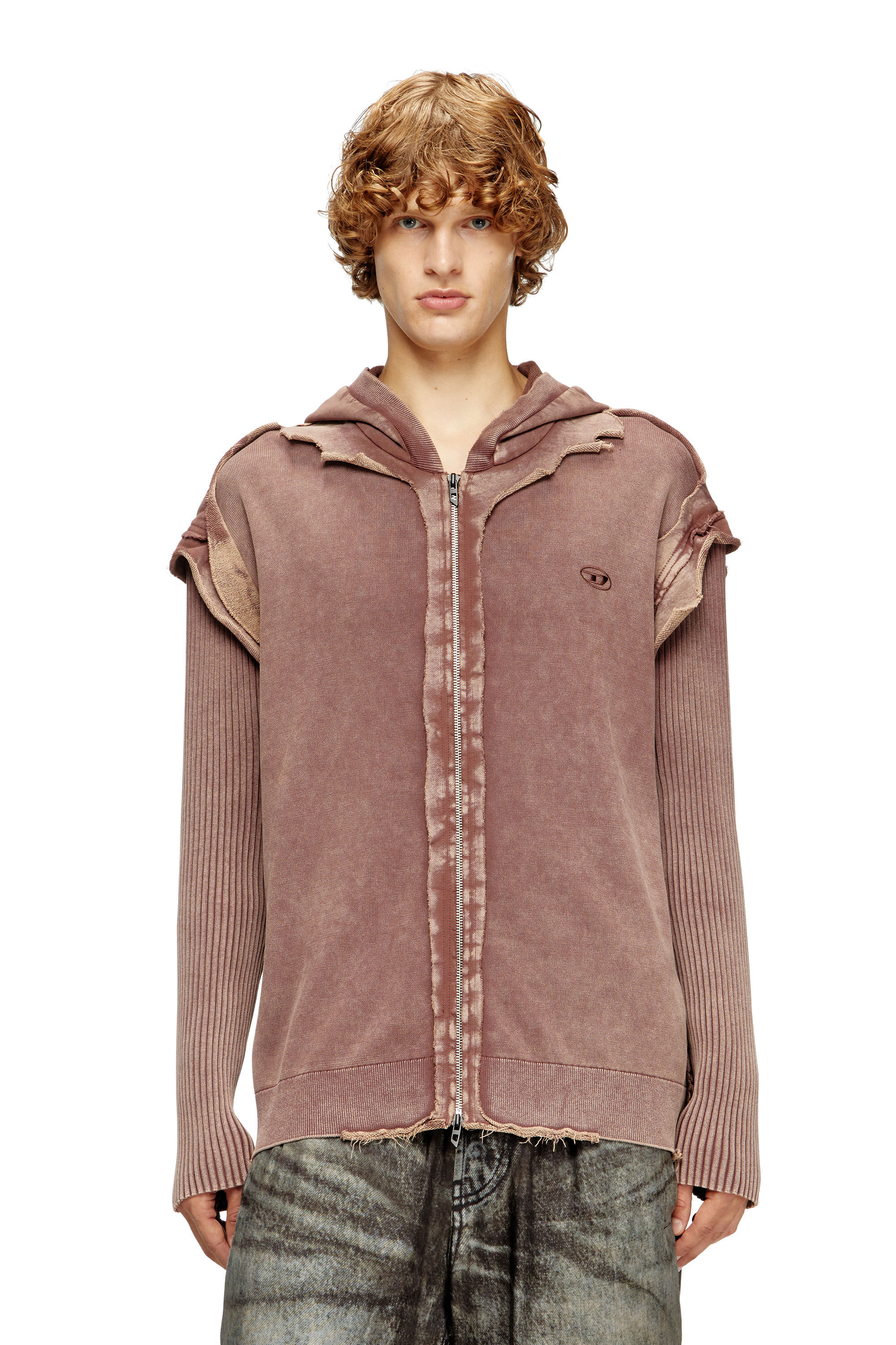 Diesel - K-PELTO, Man's Zip-up hoodie with destroyed effect in Brown - 3
