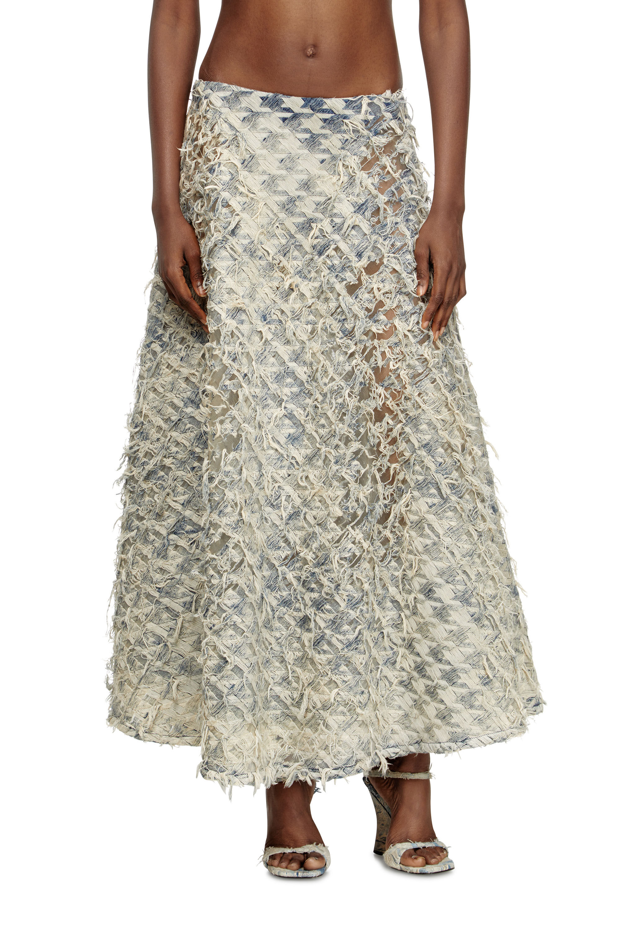 Diesel - DE-ANNINA-FSH, Woman's Long skirt in dévoré houndstooth denim in Light Blue - 1