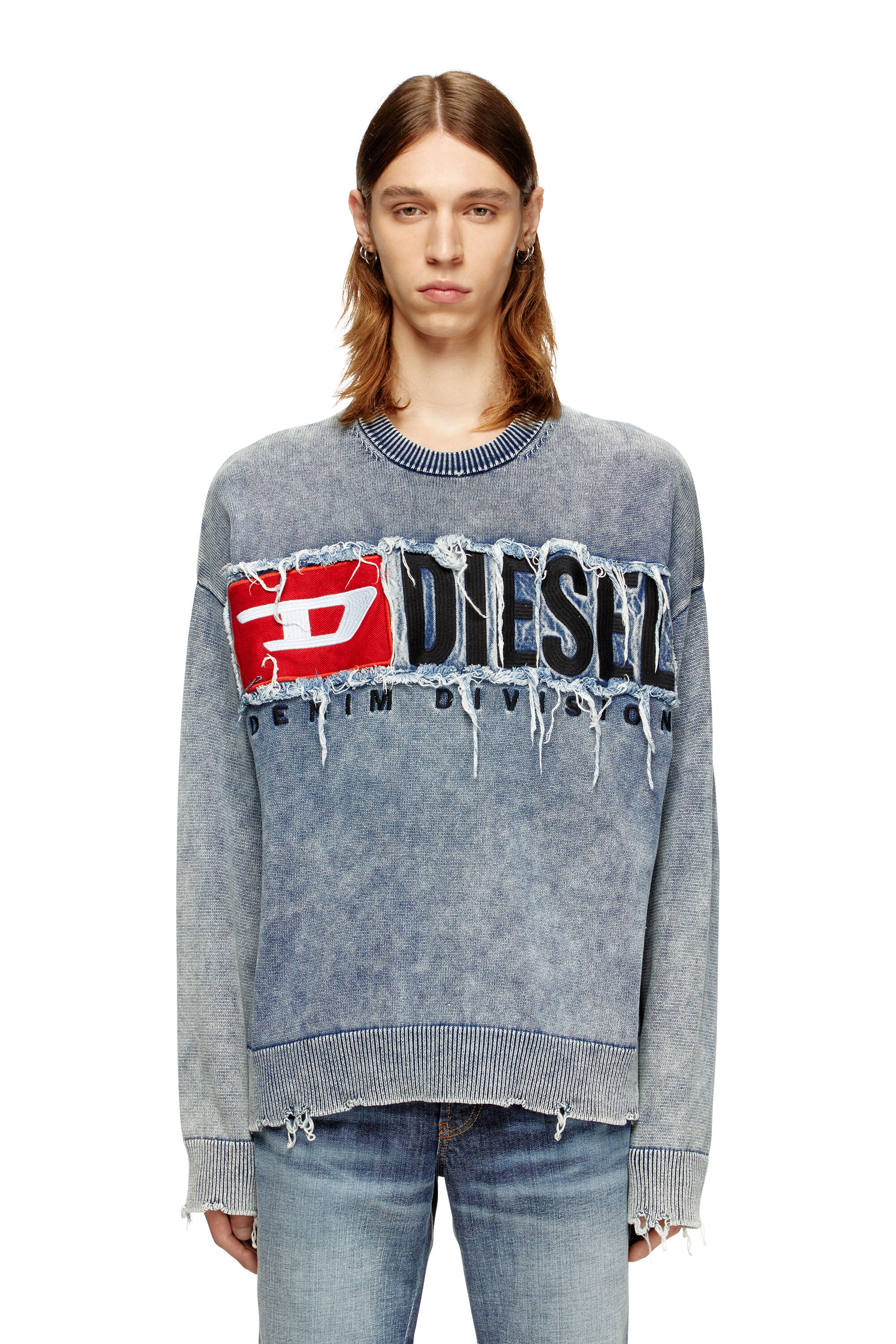 Men's Cotton jumper with denim logo patch | Blue | Diesel