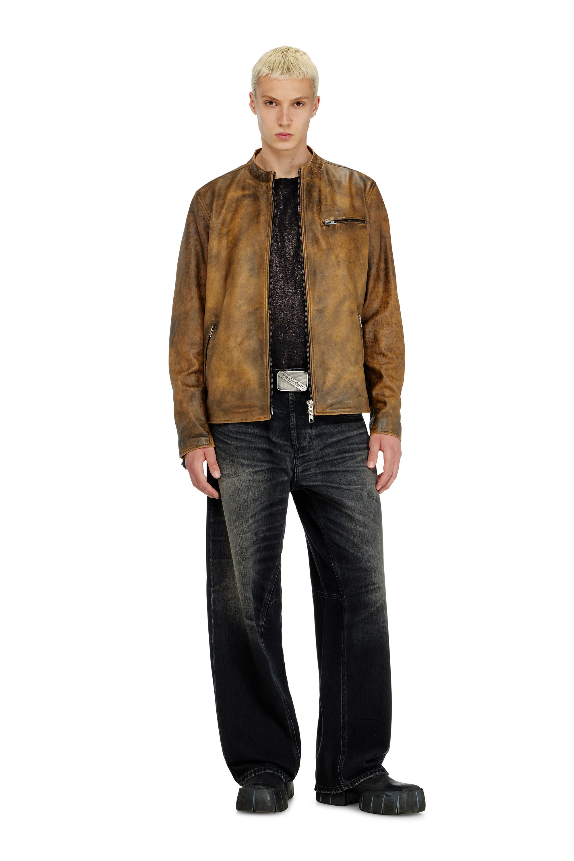Men's Biker jacket in treated leather | Brown | Diesel TR