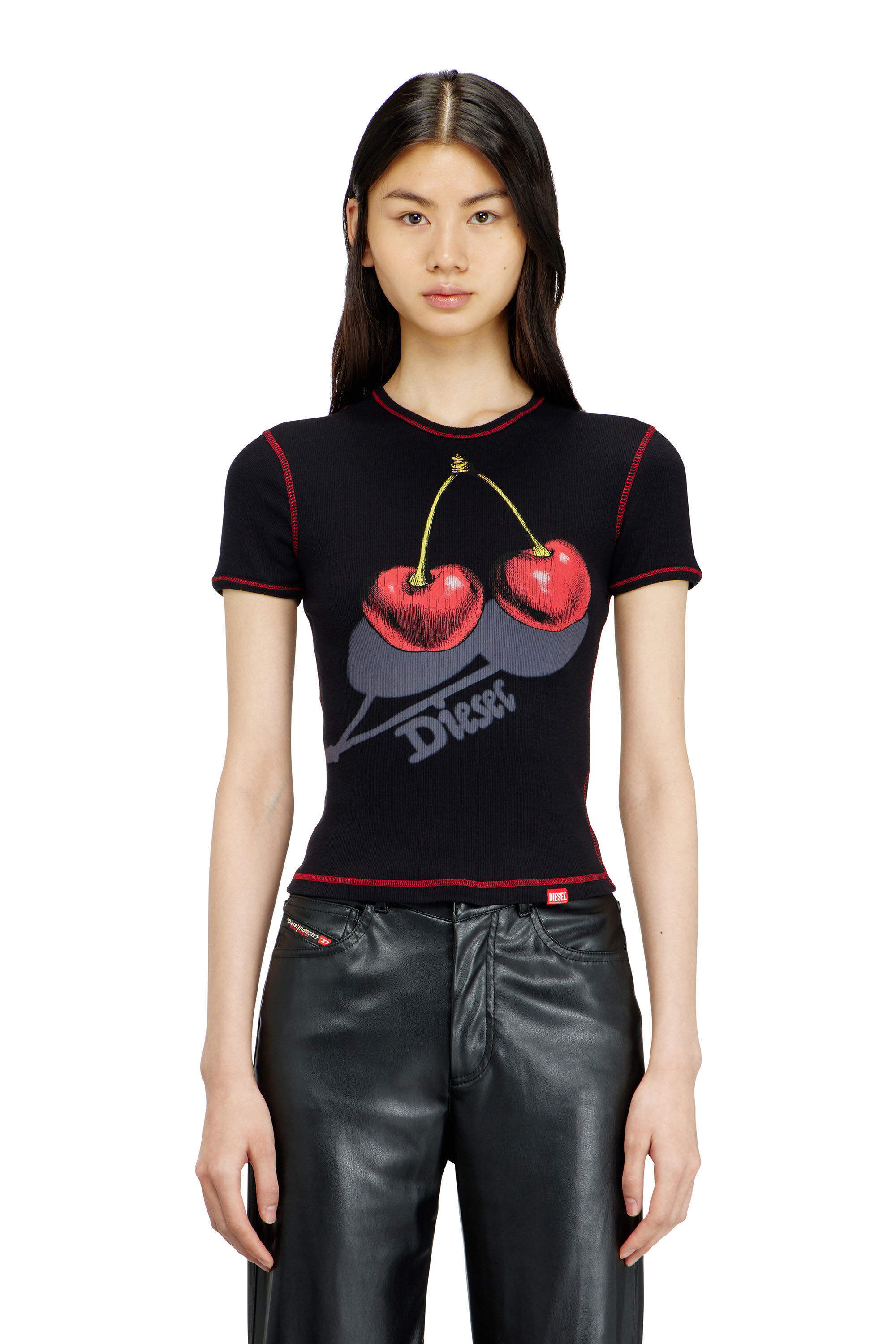 Women's Slim cotton T-shirt with cherry print | Black | Diesel