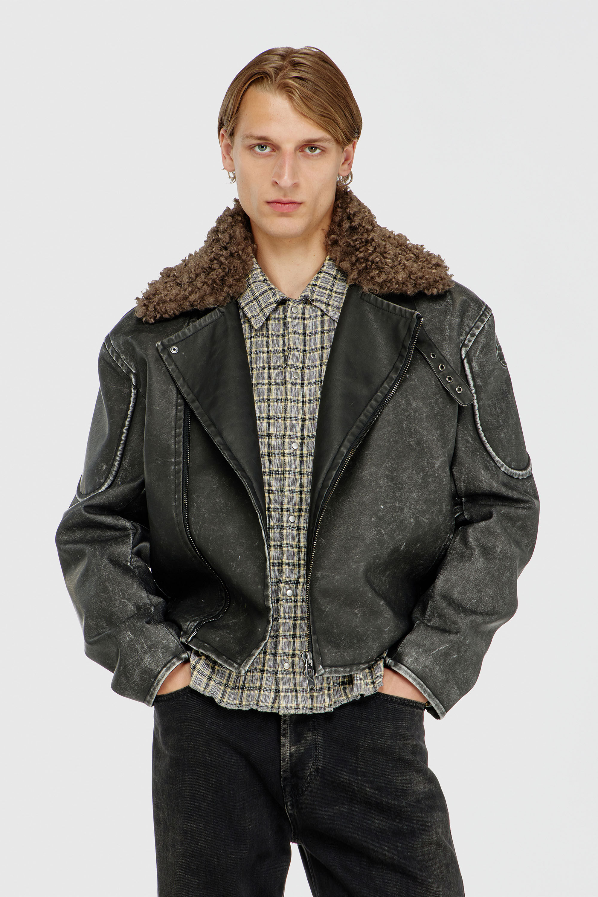 DIESEL ライダース Men's Biker jacket with detachable collar | Grey | Diesel TR