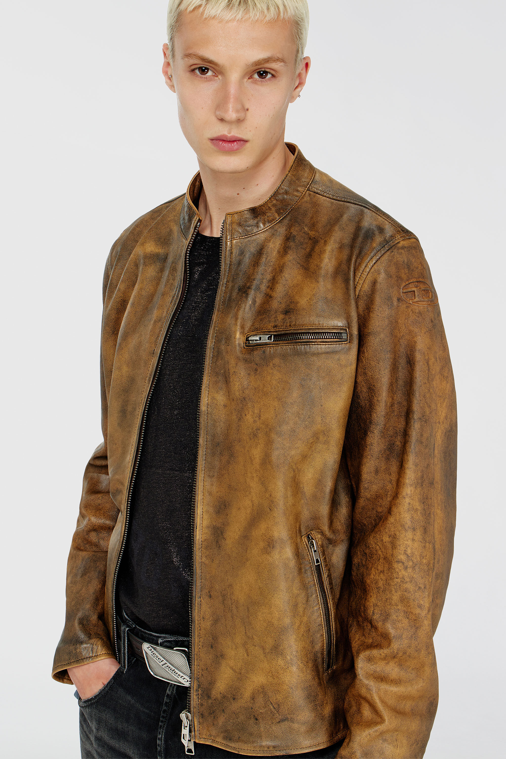 Men's Biker jacket in treated leather | Brown | Diesel TR