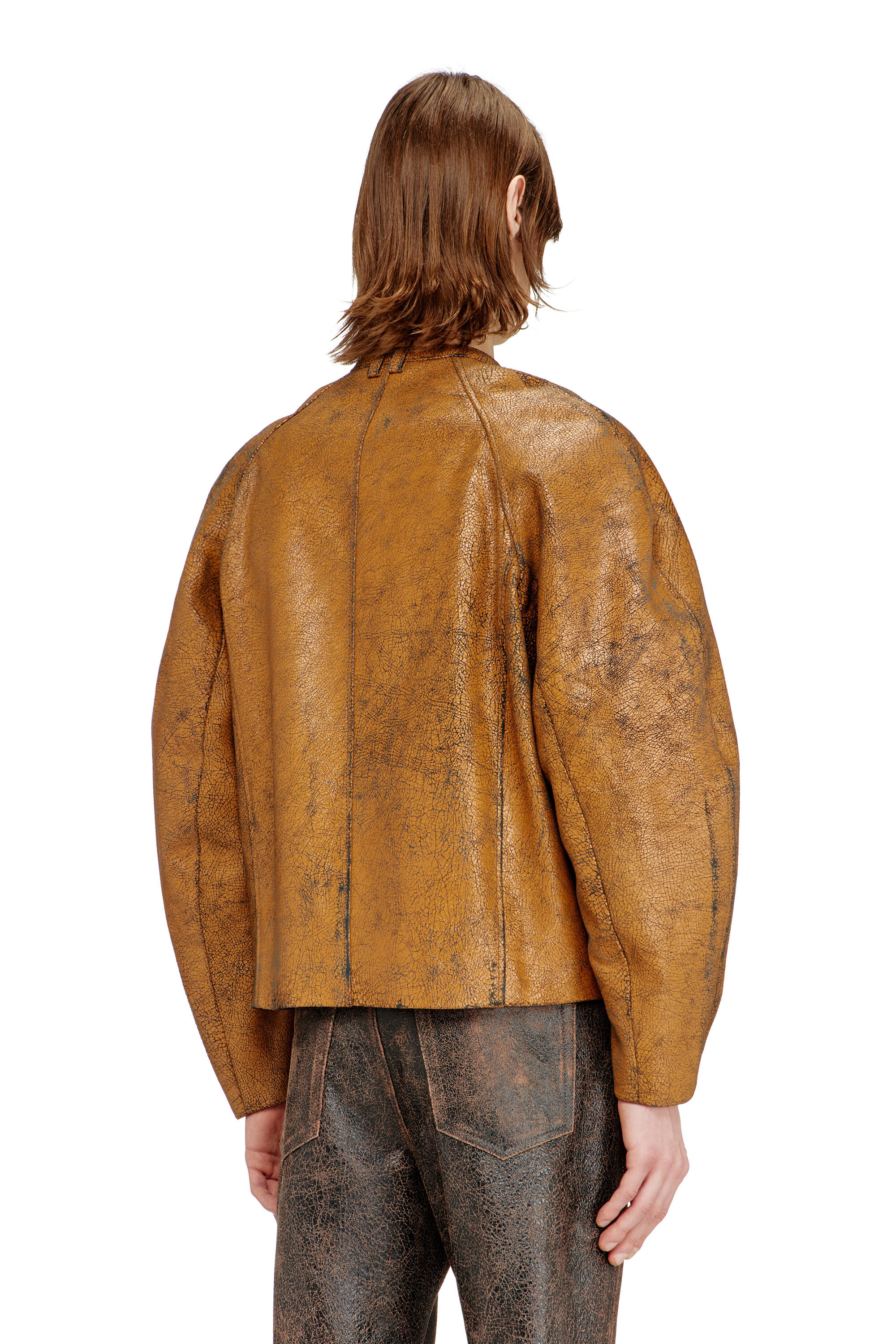 Men's Cocoon-sleeve biker jacket in cracked leather | Brown | Diesel