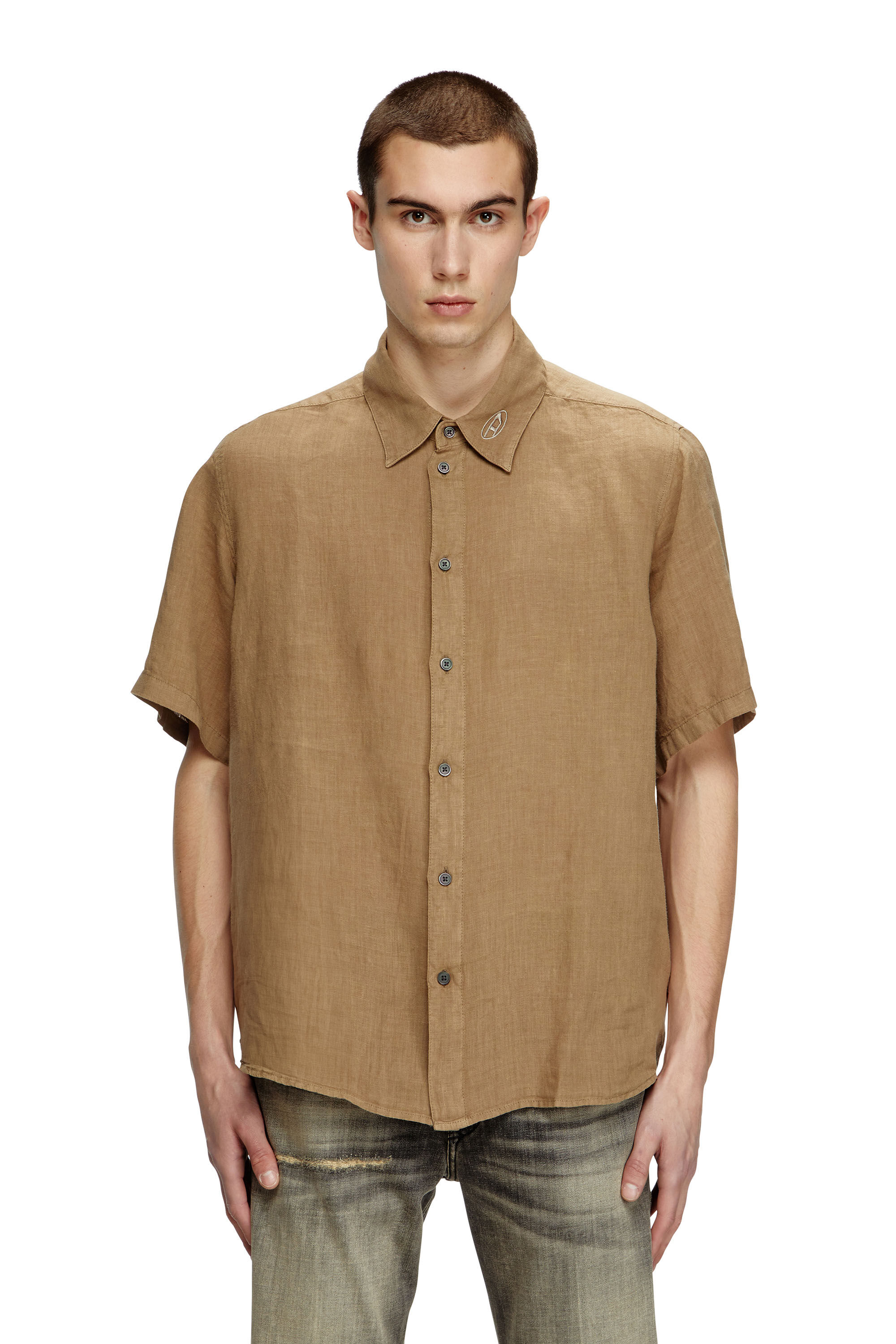 Diesel - S-UCCLE-A, Man's Short-sleeve linen shirt with logo collar in Brown - 3