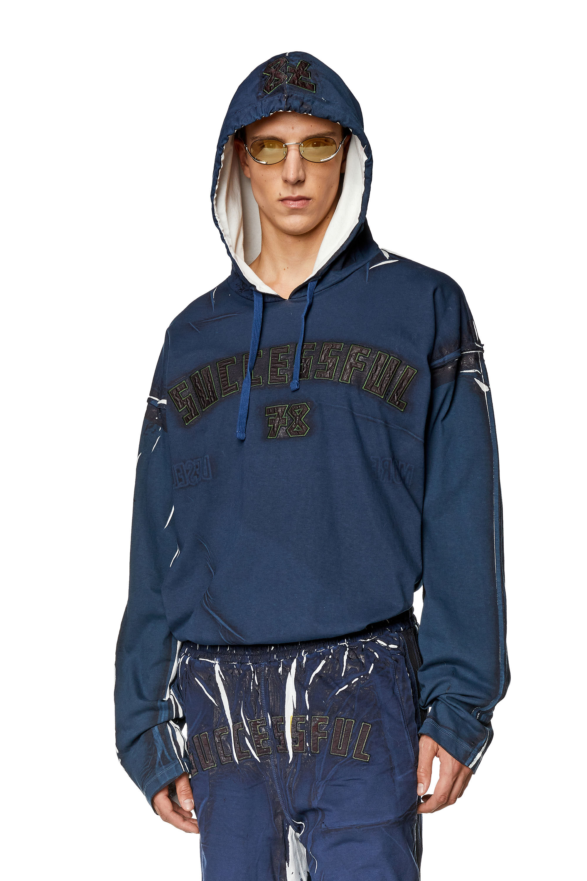 Men's Printed hooded top with logo appliqués | Blue | Diesel