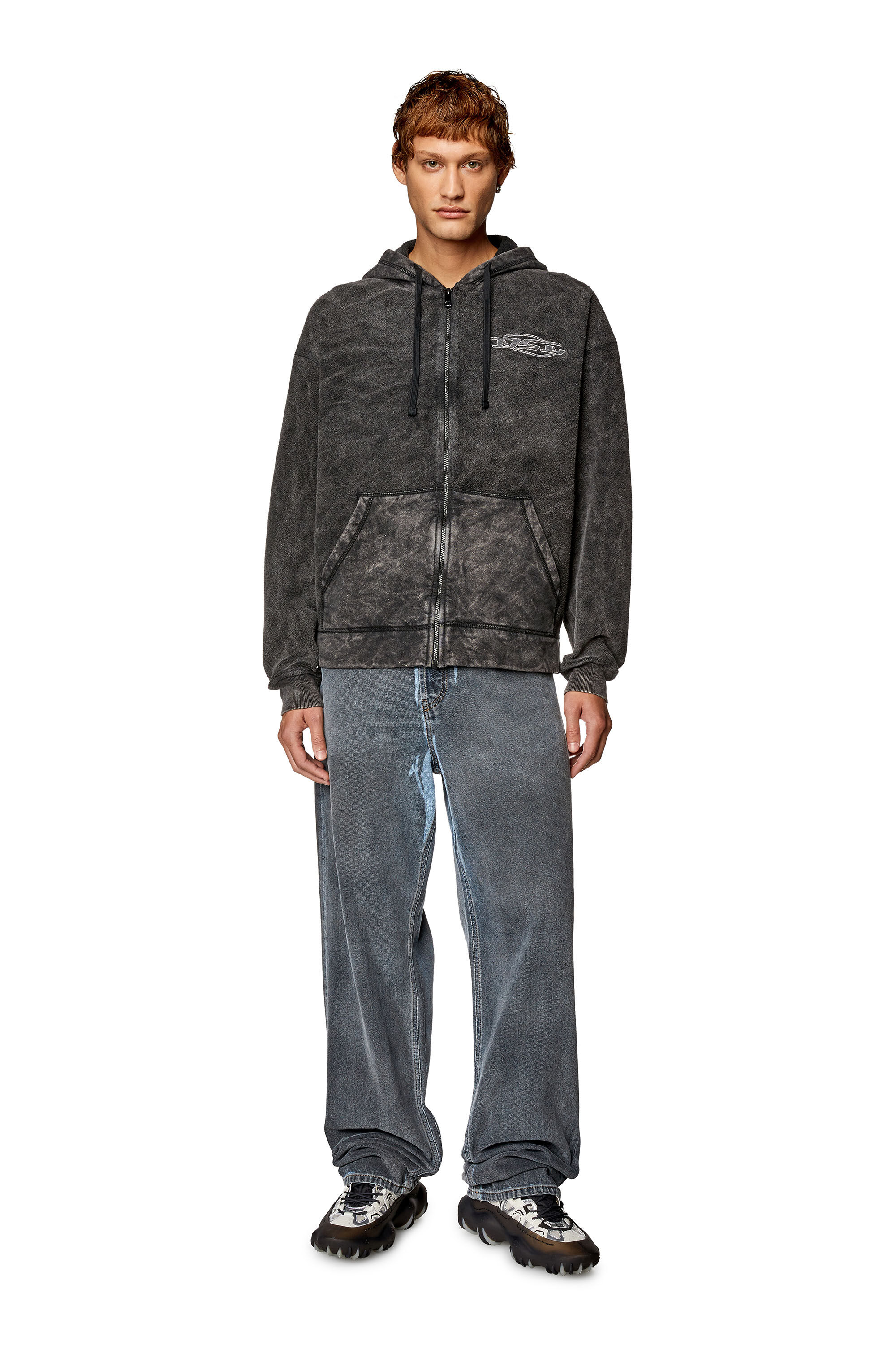 【suddenly】 Men's Zip hoodie in marble-washed looped fleece | Black | Diesel