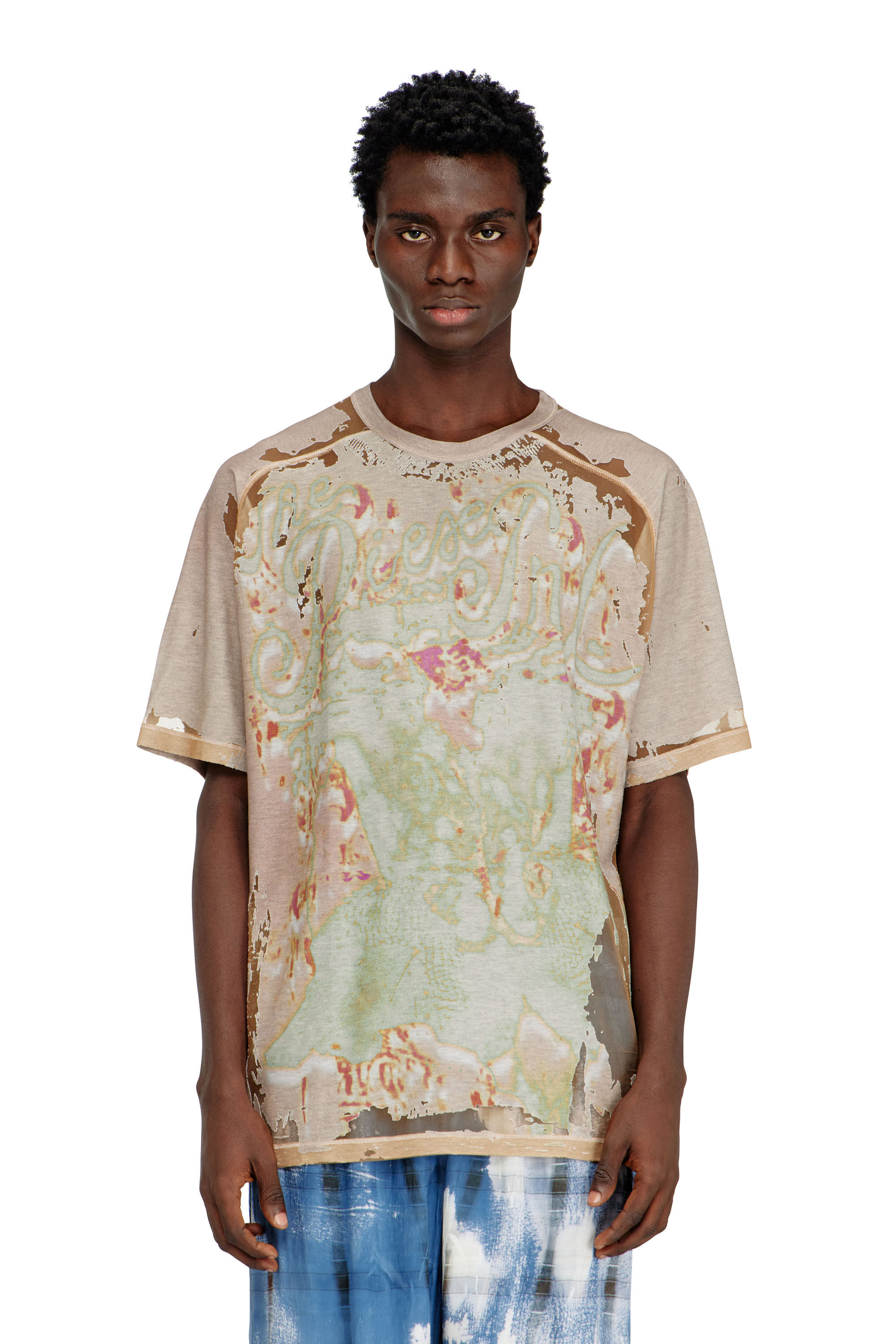 Diesel - T-LIVO, Man's T-shirt in printed devor&eacute; jersey in Light Brown - 3