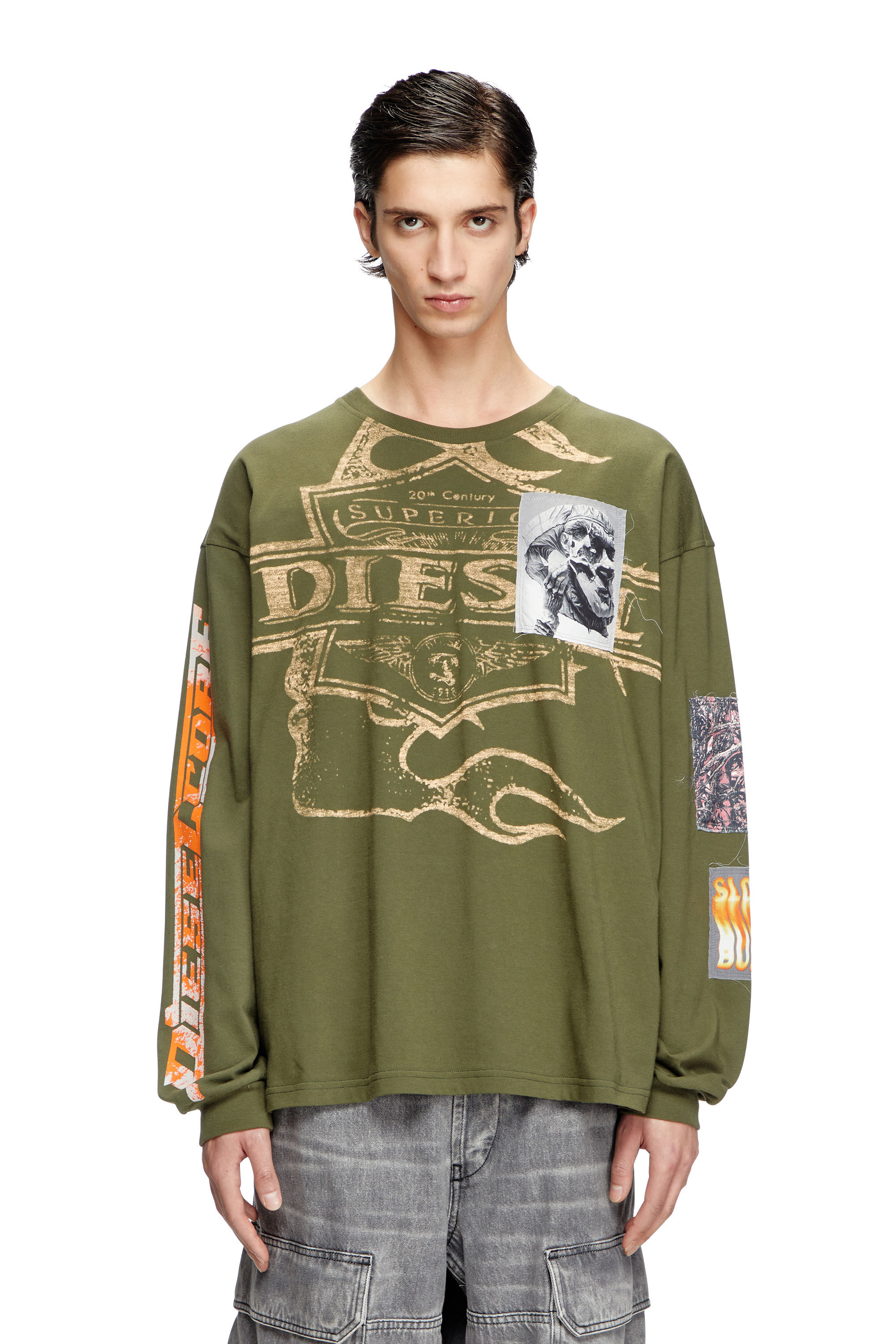 Men s Long sleeve T shirt with graphic patches Green Diesel