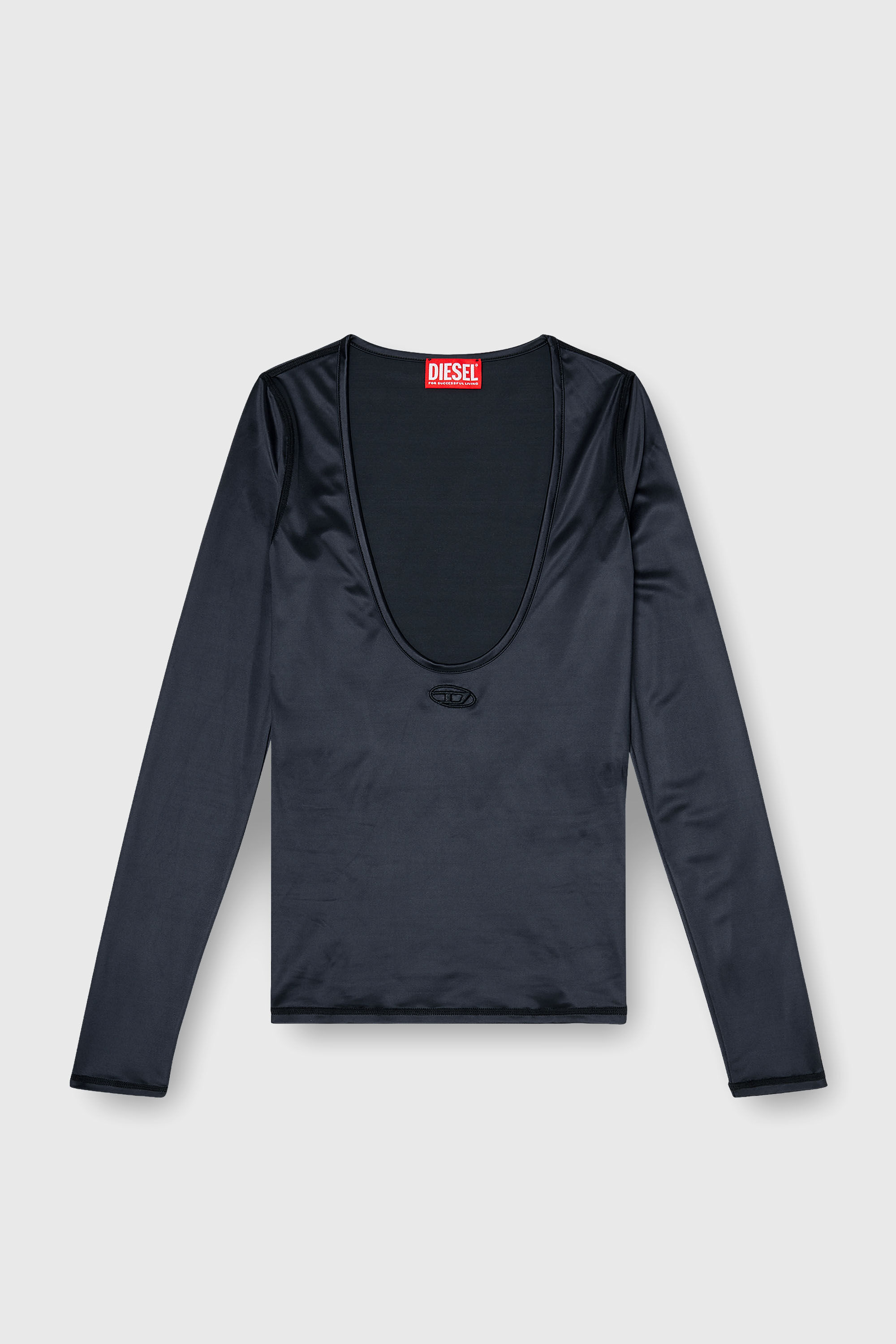 Diesel - T-ELPHIN-LS, Woman's Nylon slim top scoop neck with Logo Oval D embroidery in Black - 2