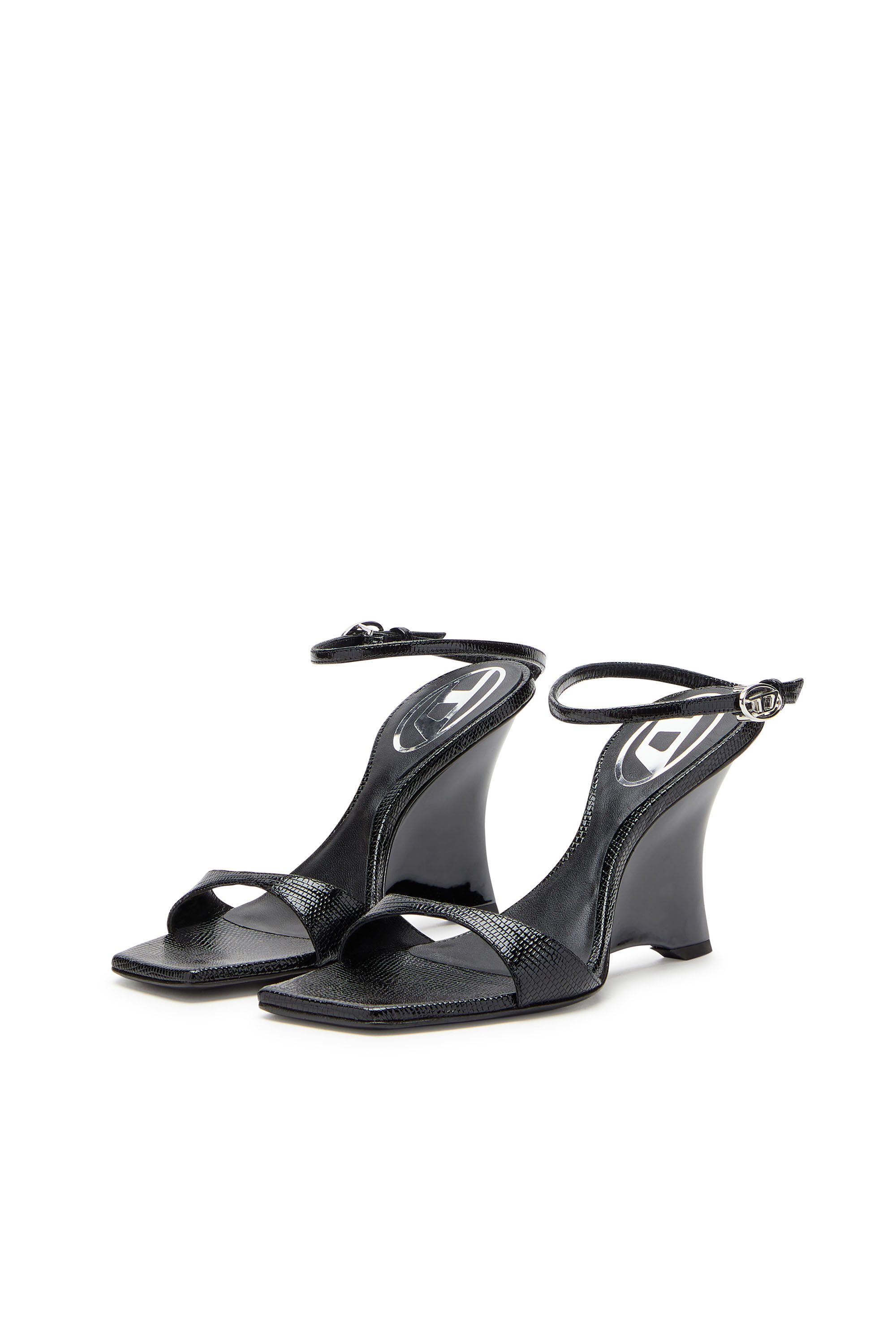 美品BLACK VESPER DEFORMED WEDGE SANDALS Women's D-Amber-Wedge sandals in lizard-effect leather | Black