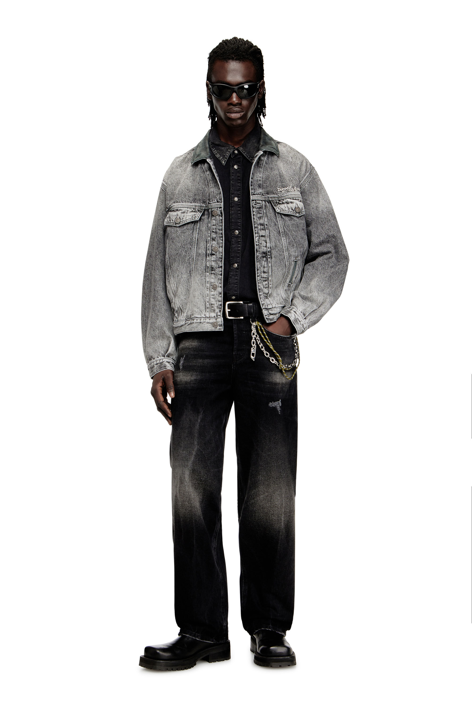 Women's Denim trucker jacket with tonal leather trims | Grey | Diesel