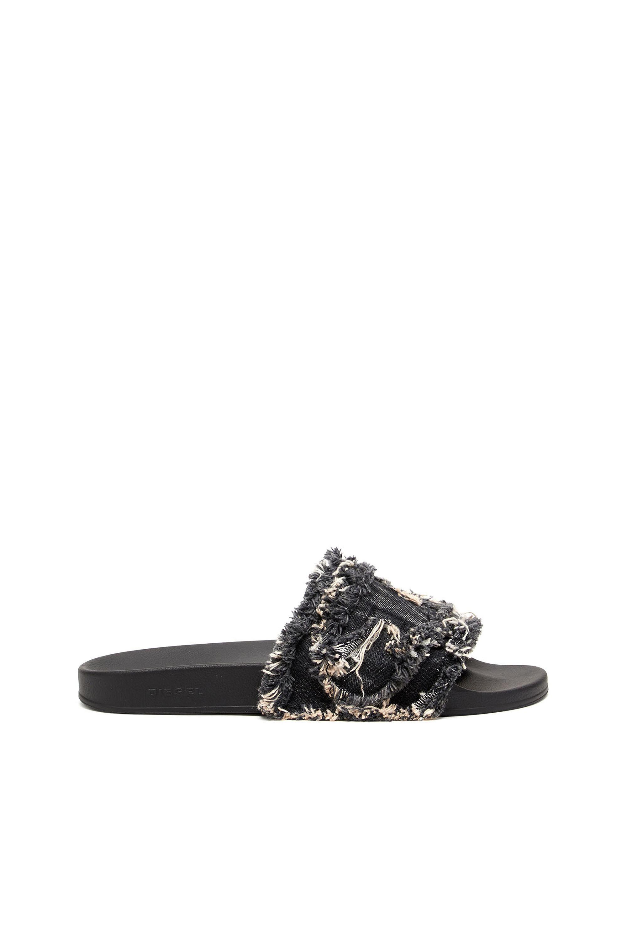 Women s Sa Slide D Fringed denim slides Black Diesel