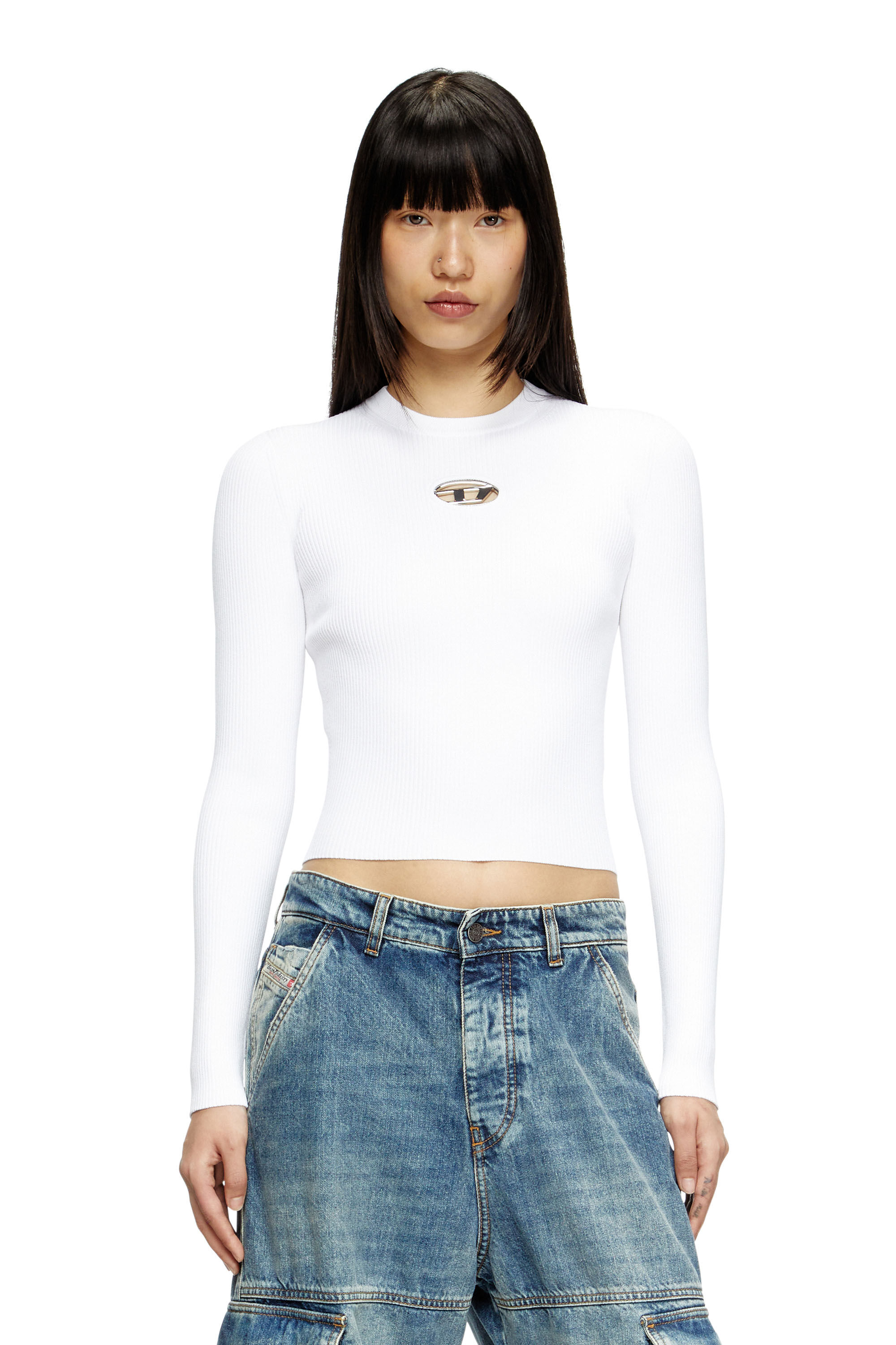 トップス DIESEL M-Valari Rib-knit XS Women's Rib-knit viscose-blend top with Oval D | White | Diesel